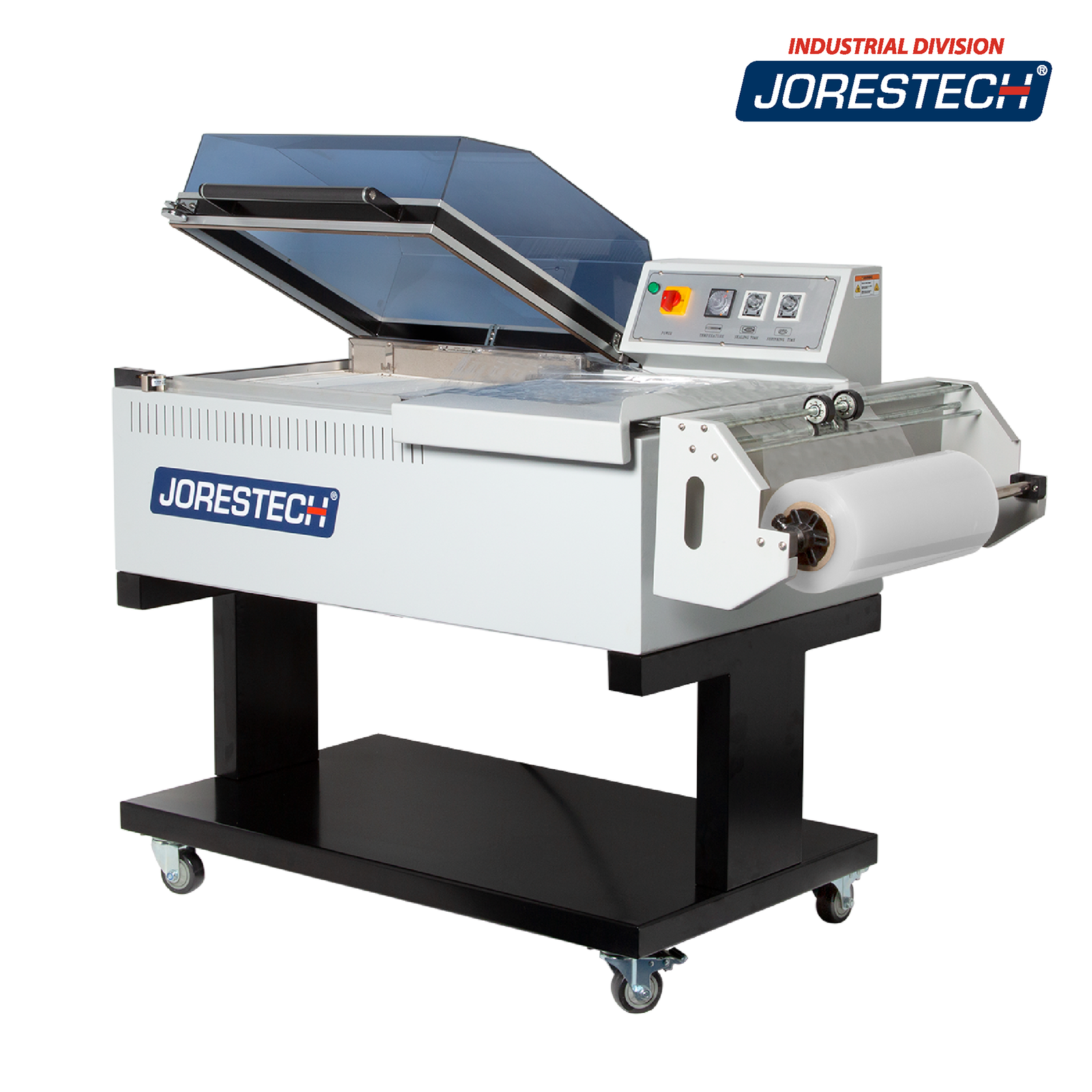 JORES TECHNOLOGIES® Complete sealing system including shrink roll dispenser, plastic sealer and cutter, and a shrink chamber with a shrink film roll mounted over a white background.