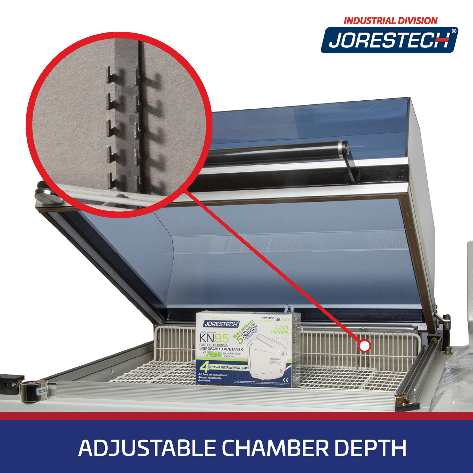 Close up of the shrink chamber of a JORES TECHNOLOGIES® shrink wrapping system with a boxes that was shrink packaged. A zoomed in shows the height adjustment racks behind the chamber tray where chamber depth can be adjusted. Blue banner text says: Adjustable Chamber Depth.