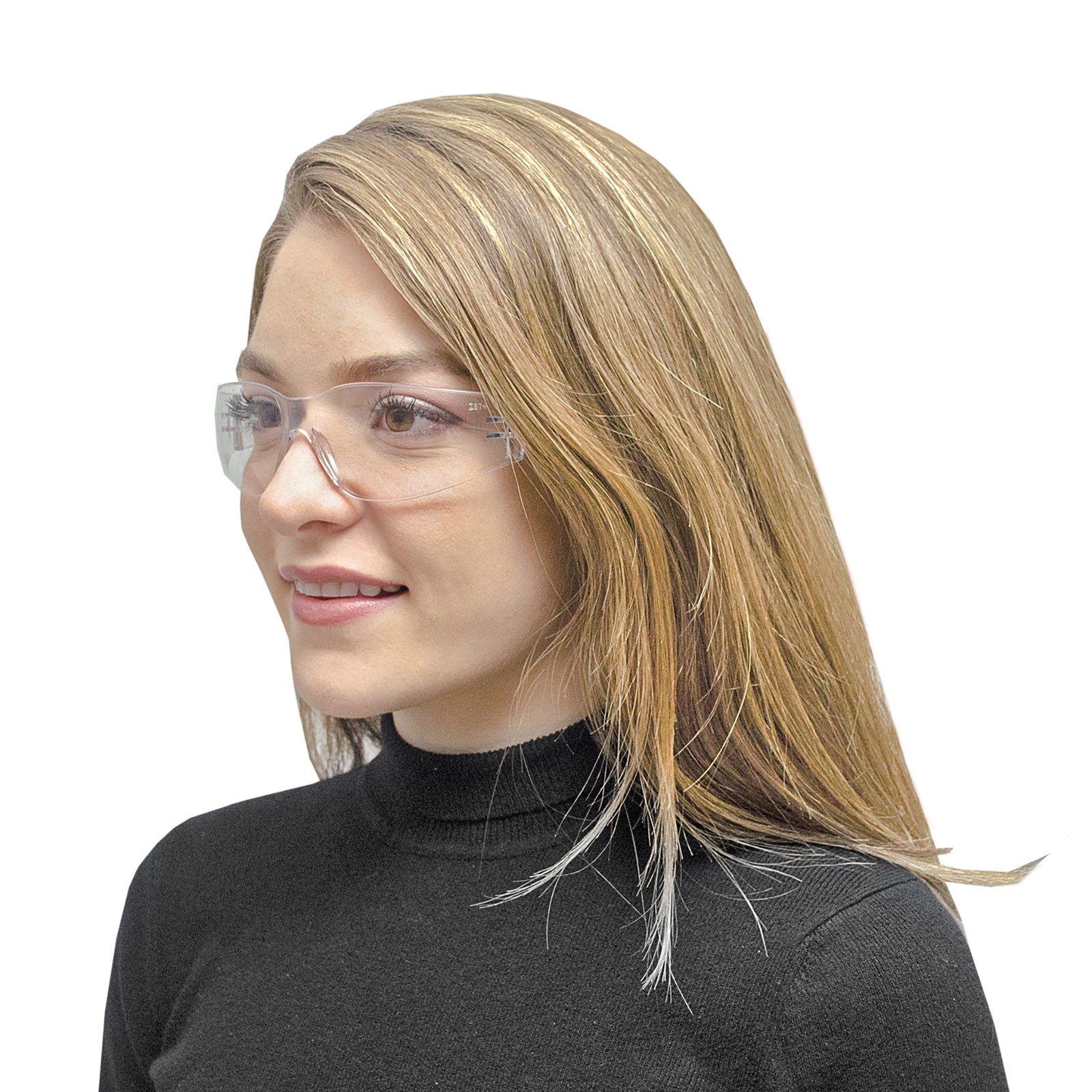 A woman wearing the all clear JORESTECH ANSI compliant PC safety glasses for high impact