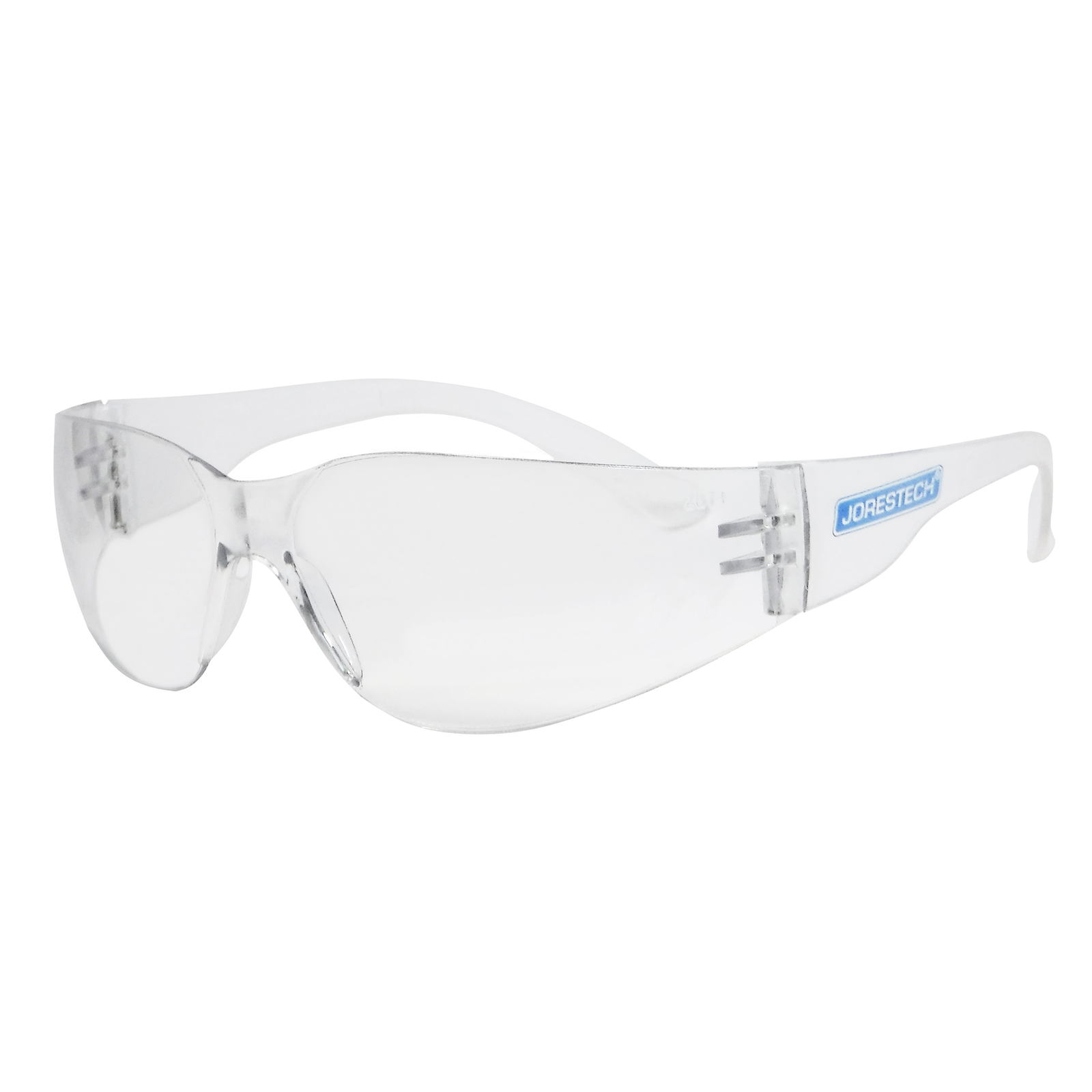 Diagonal view of the clear JORESTECH safety glass for high impact protection model LS-260-CL over white background