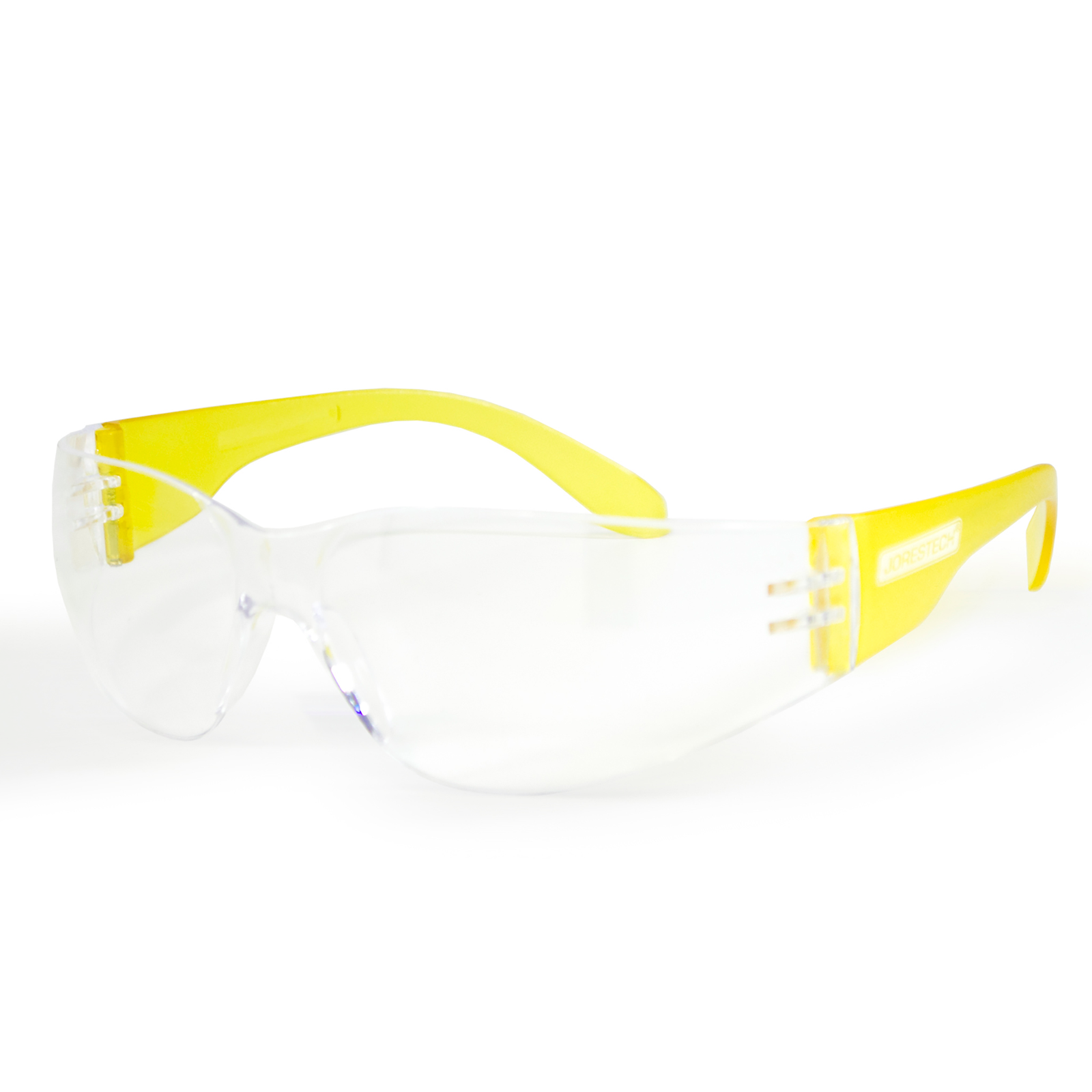 Features one JORESTECH high impact glass with clear polycarbonate lenses and yellow temples over white background