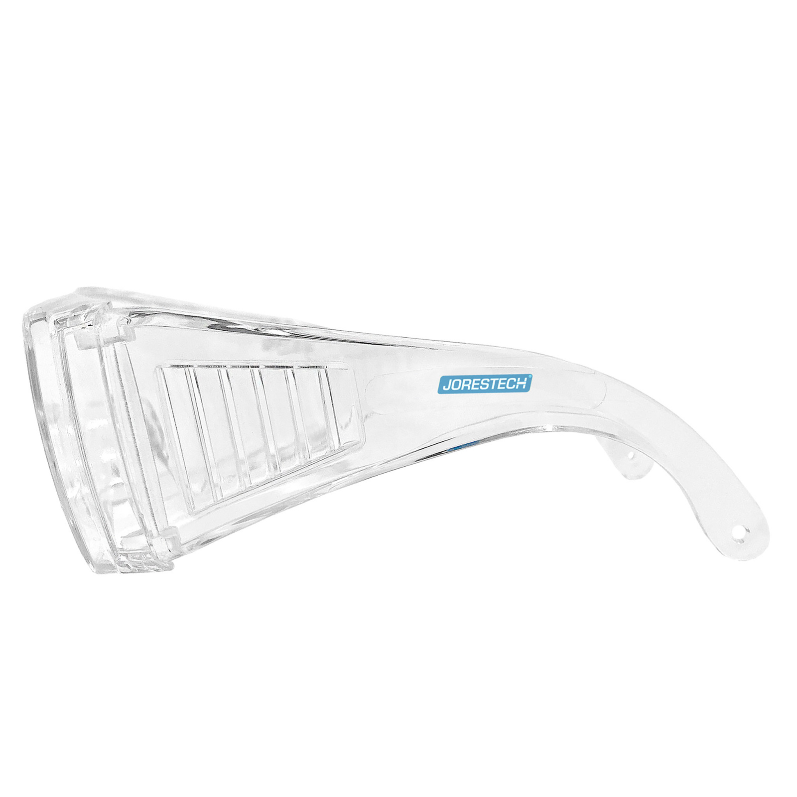 Side view of the clear Jorestech safety glasses for high impact protection on a white background