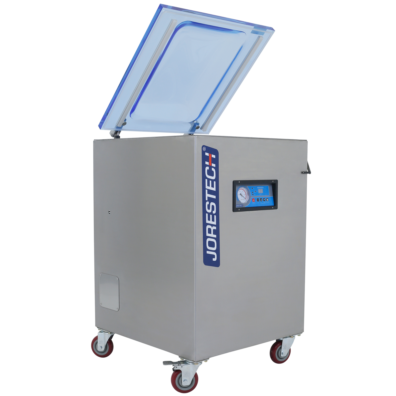 Side of the JORES TECHNOLOGIES® single chamber, self standing vacuum sealer. The machine is on wheels and has the lid open