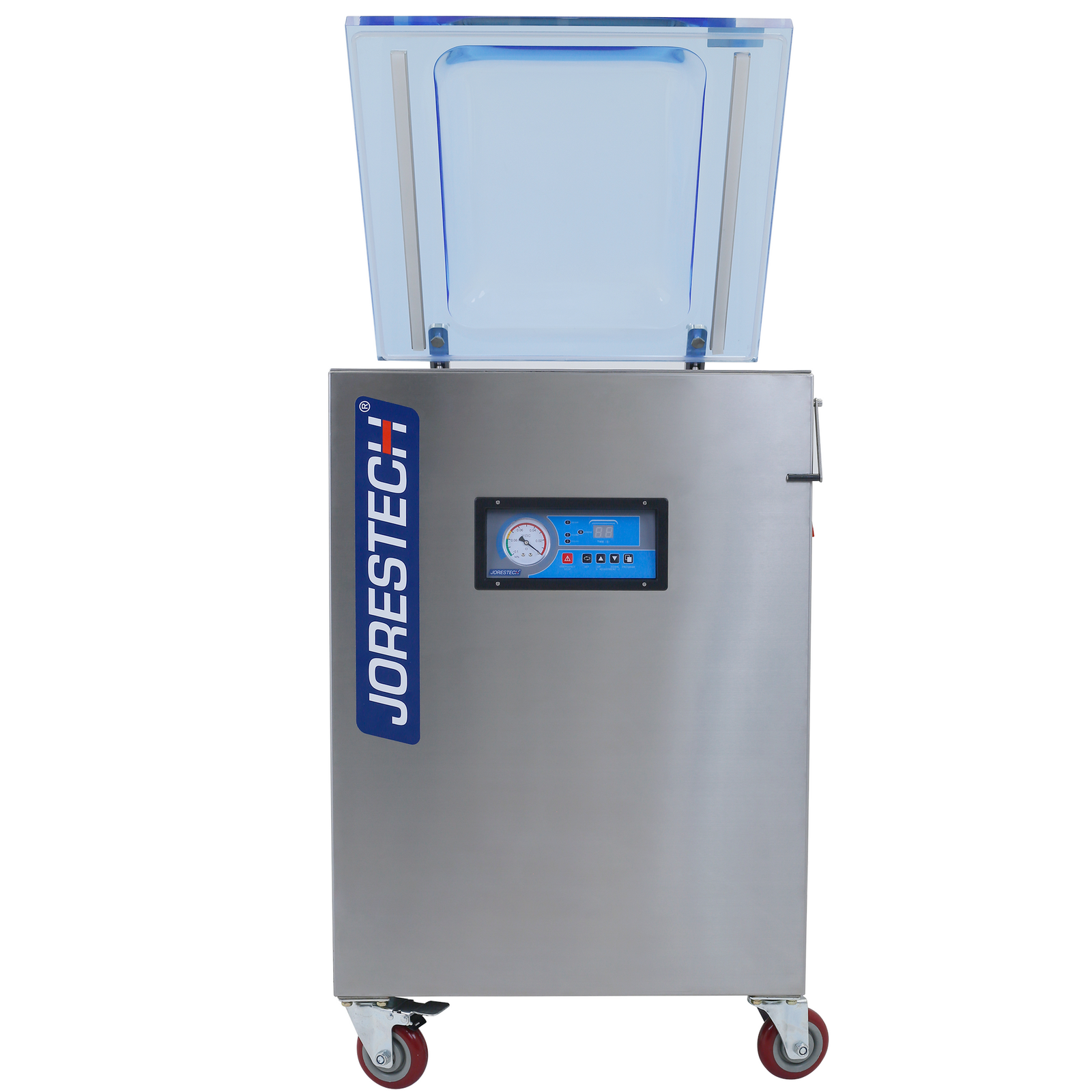 Front of the JORES TECHNOLOGIES® stainless steel single vacuum sealer. The machine is on wheels