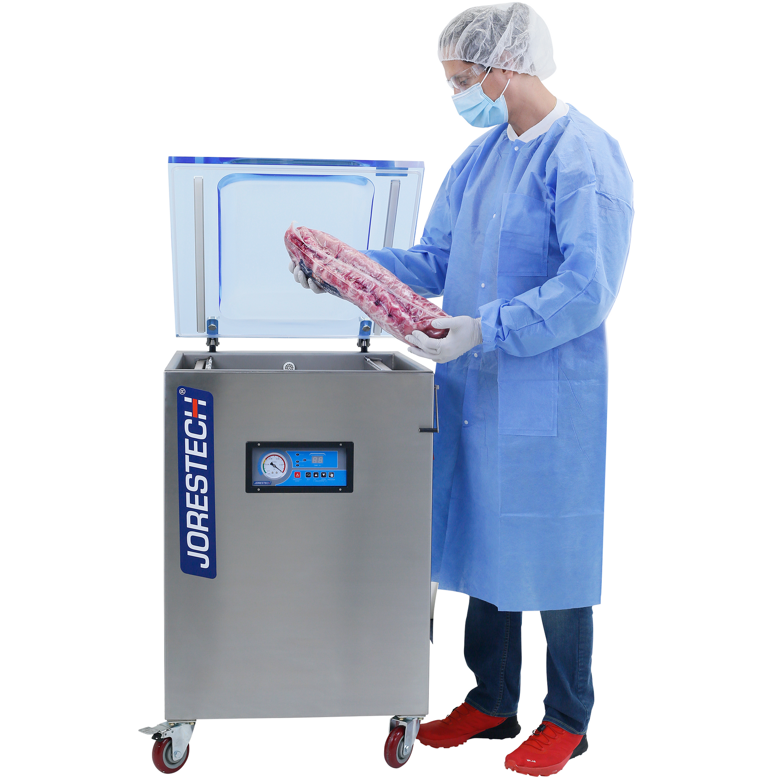 Person wearing disposable protective clothing removing a Rack of ribs already vacuumed with a JORES TECHNOLOGIES® commercial single chamber vacuum sealer with dual 20 inches seal bar
