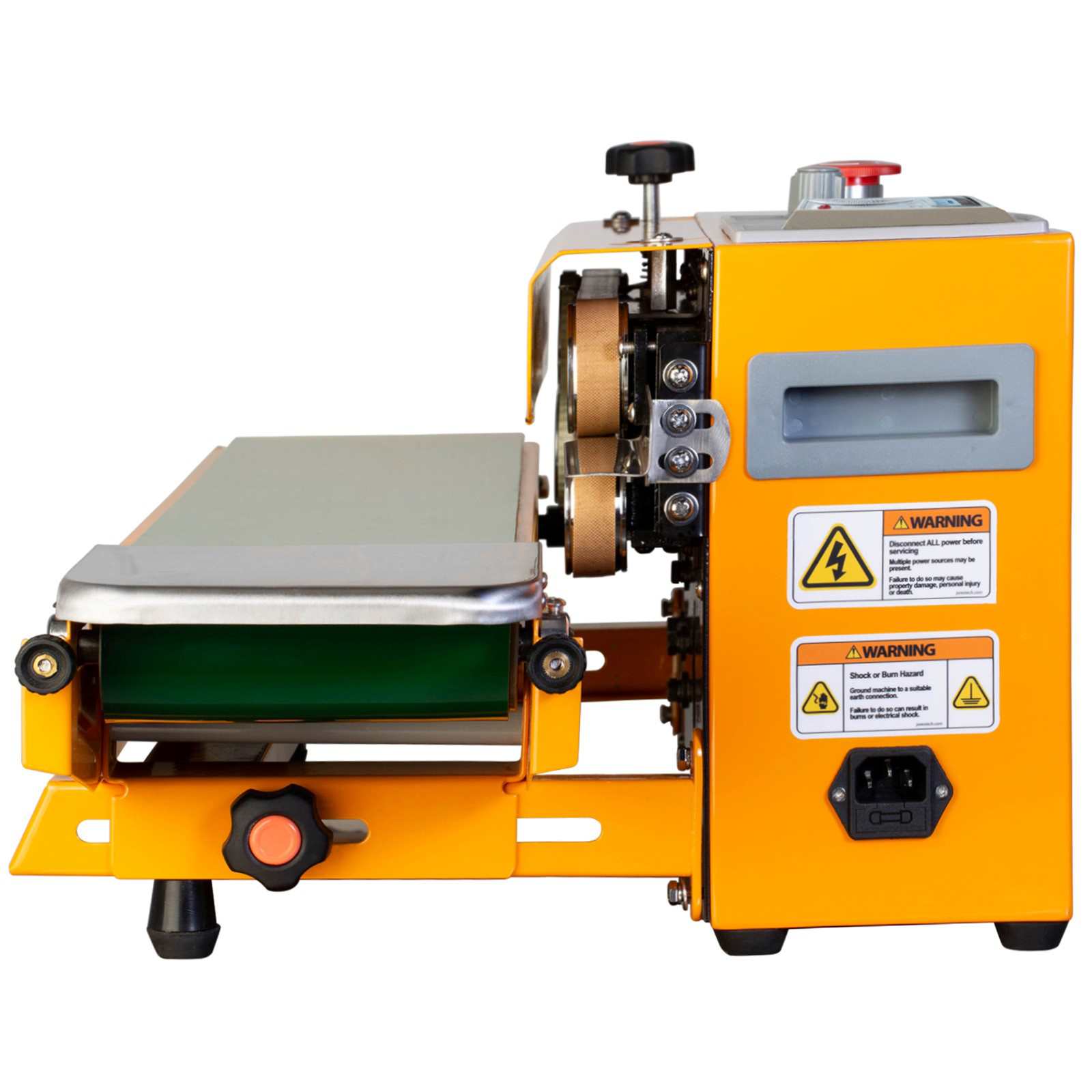 side view of yellow JORES TECHNOLOGIES® continuous band sealing machine with green revolving band