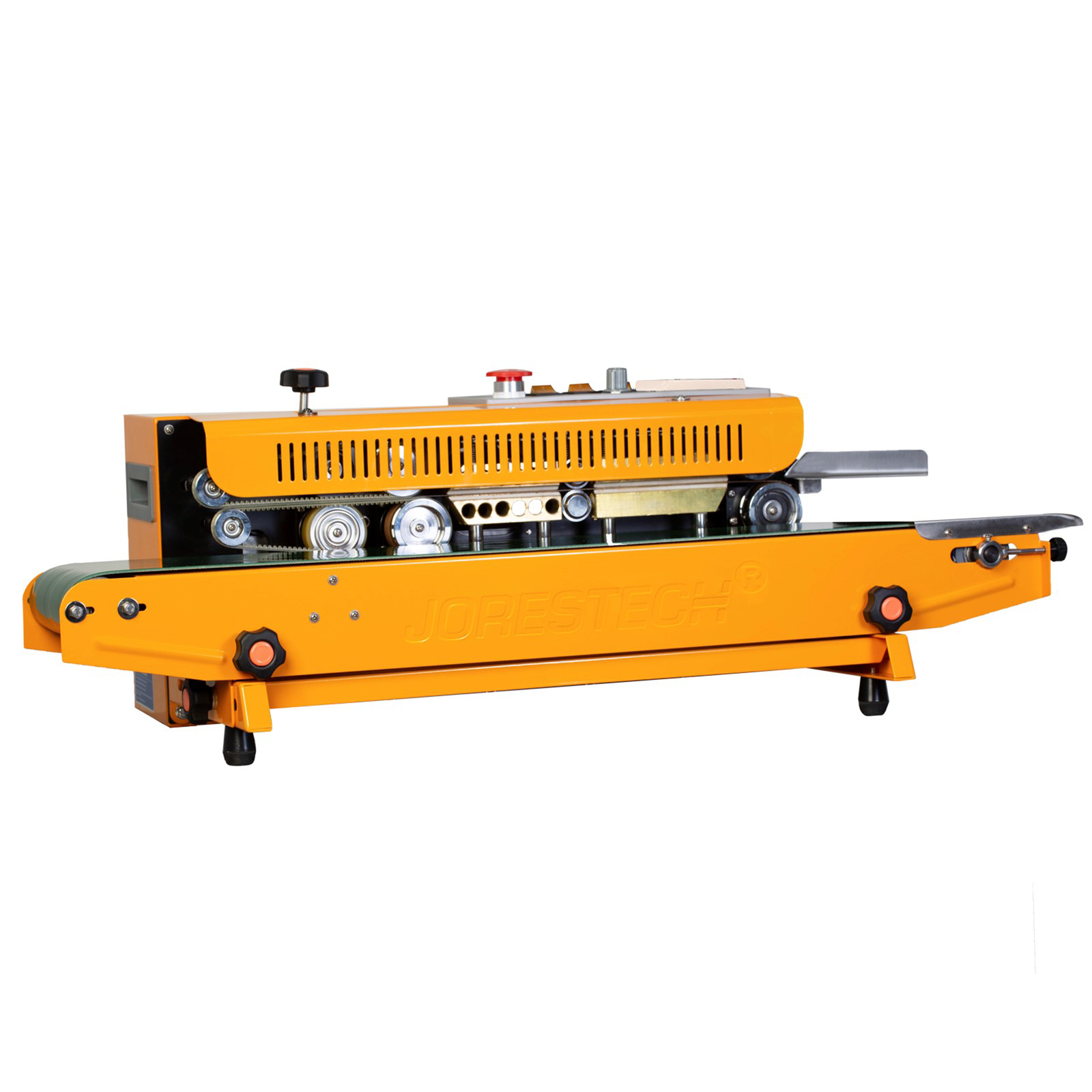 Front view of the JORES TECHNOLOGIES® horizontal continuous band sealer. The machine is yellow over white background