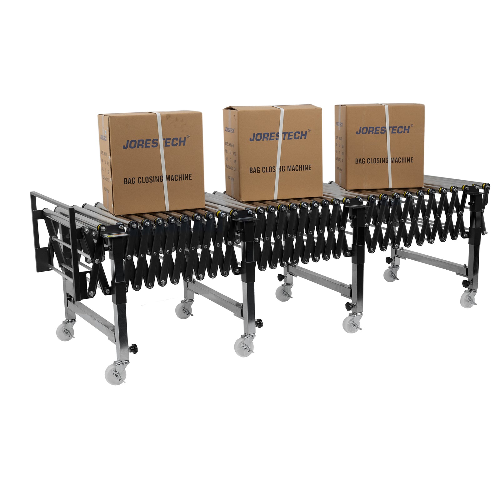 three medium size boxes on straight gravity conveyor roller