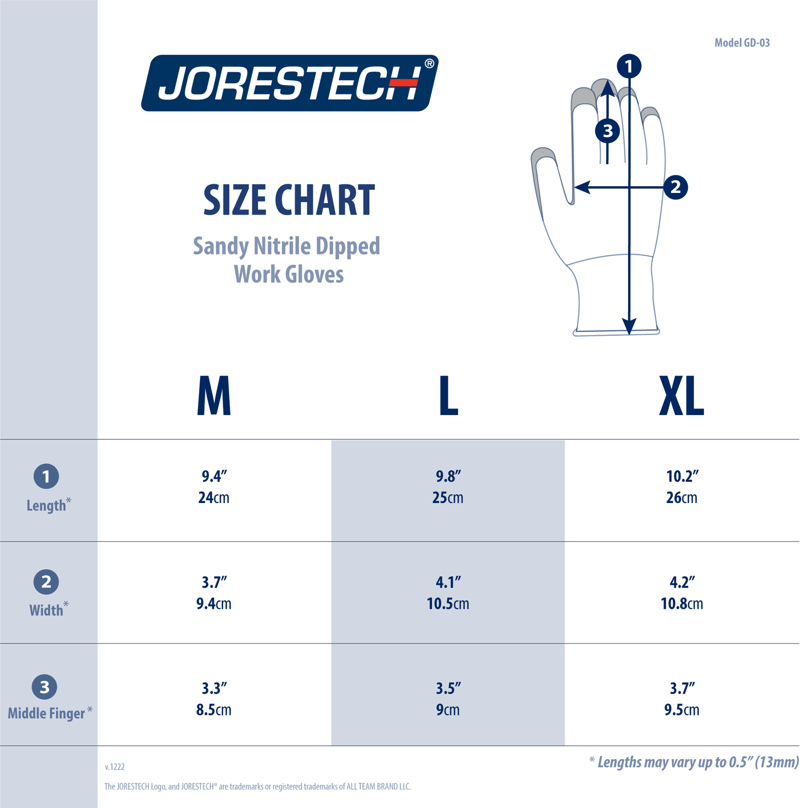 Size chart of the JORESTECH cut resistant safety work gloves with sandy nitrile dipped palms