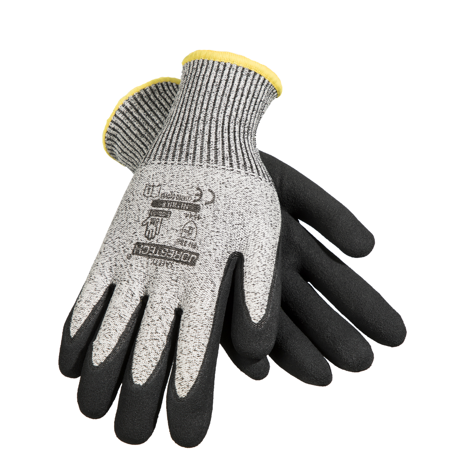 One pair of the JORESTECH cut resistant safety work gloves with nitrile dipped black palms 