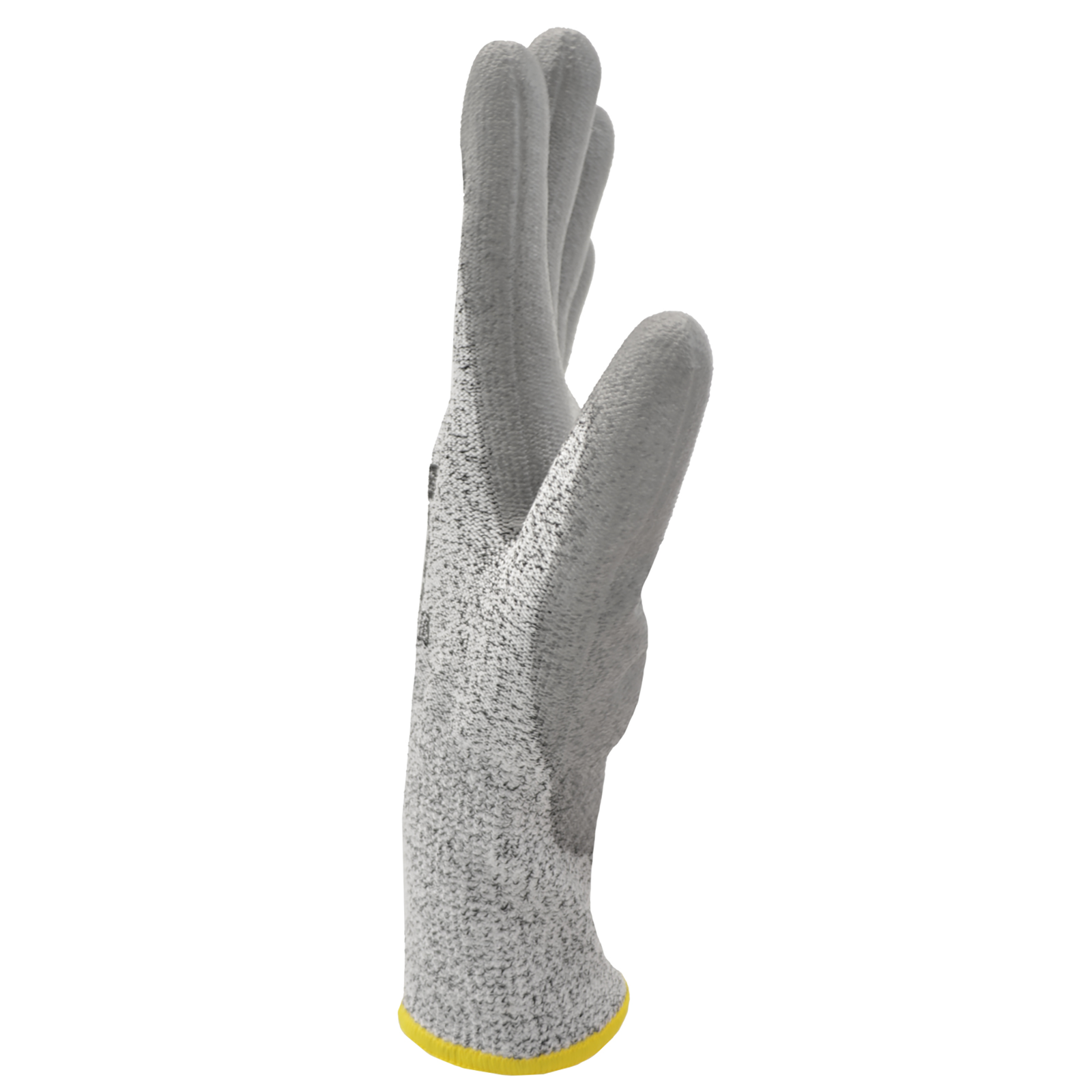 Side of a cut resistant JORESTECH gray safety work gloves with polyurethane dipped palm