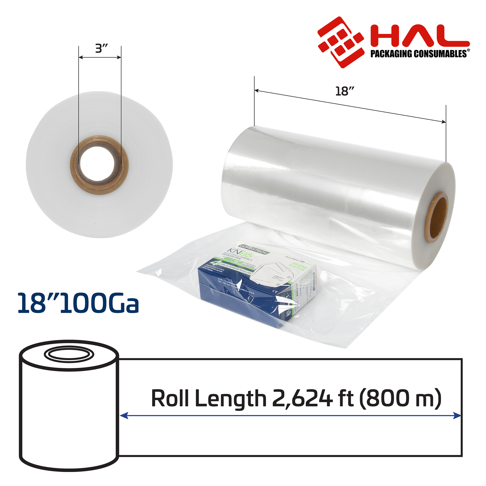 Measurements of the 100 gauge shrink wrapping film tube. 3 inch diameter of the inner core, and 18 inch width with a 2,624 ft. length (800 meters).
