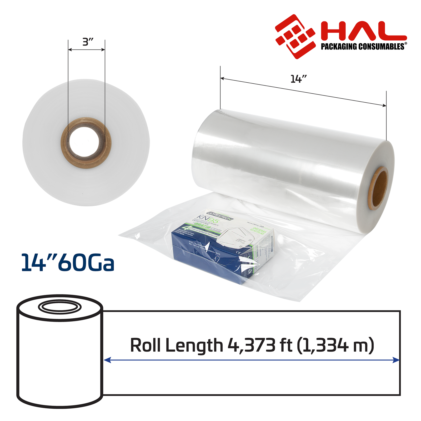 Measurements of the 60 gauge shrink wrapping film tube. 3 inch diameter of the inner core, and 14 inch width with a 4,373 ft. length.