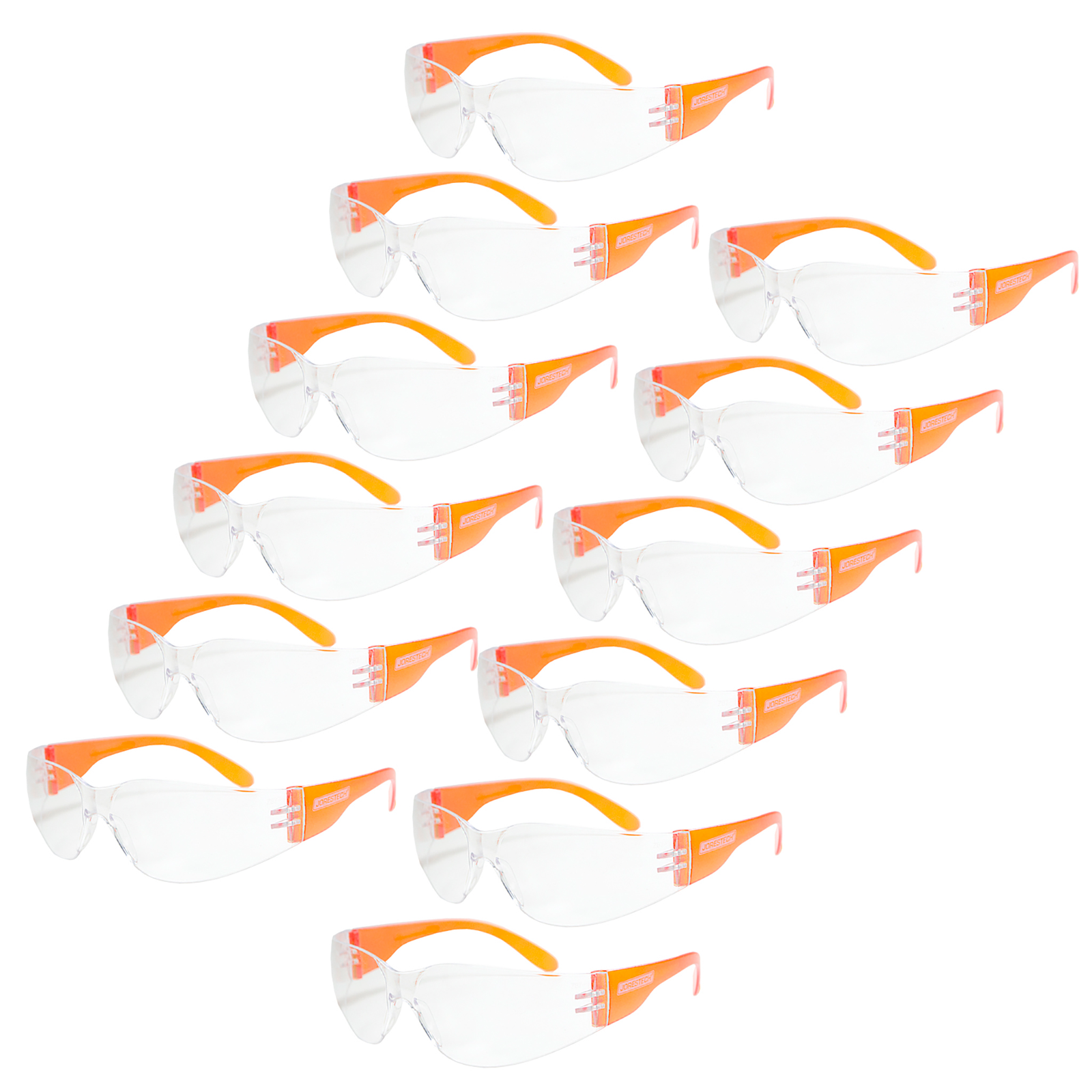 set of 12 clear lens and orange temple  JORESTECH Safety High Impact Glasses over white background