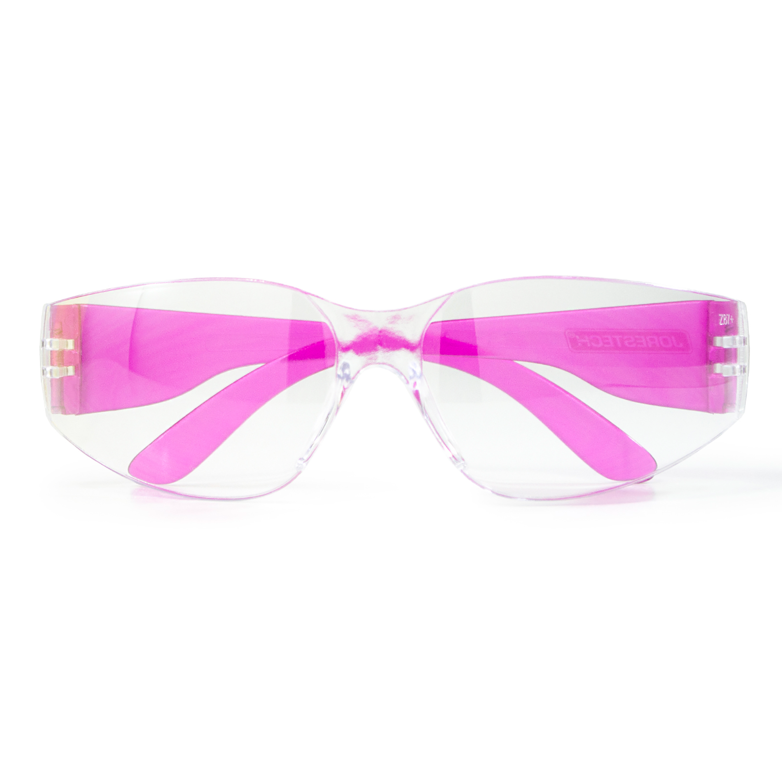 Clear polycarbonate safety glasses for high impact protection with colored pink temples