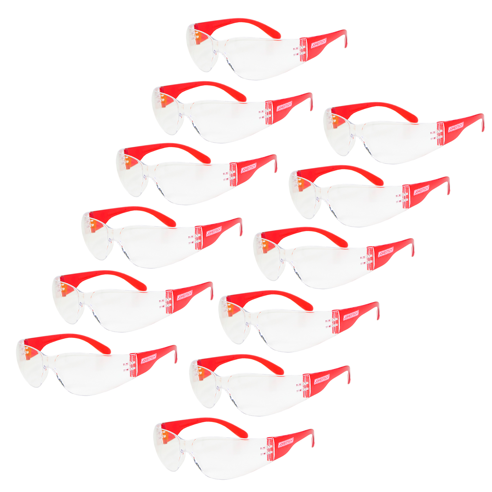 12 pairs of JORESTECH clear safety glasses with clear side shield for high impact protection. These ANSI compliant safety glasses have clear polycarbonate lenses.