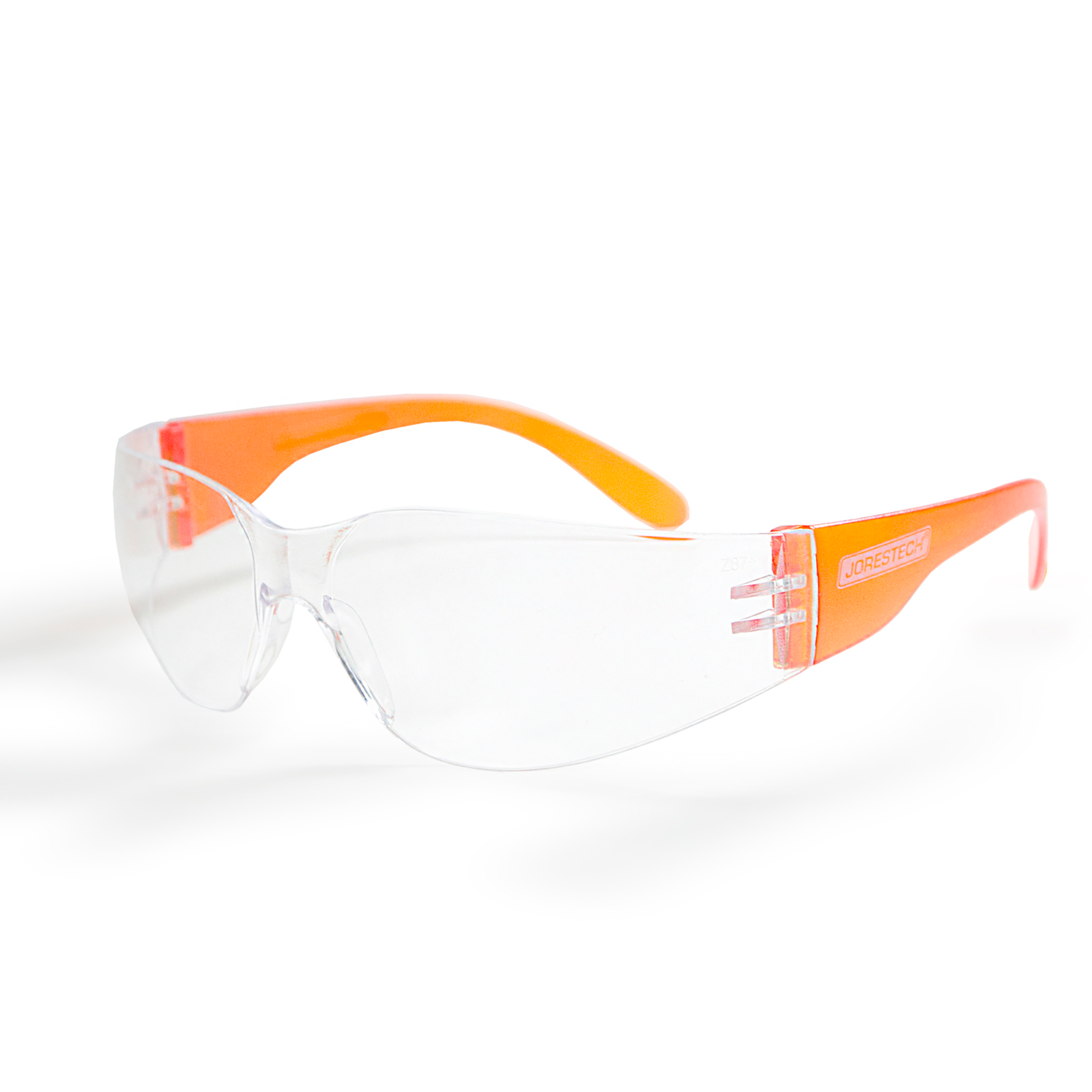 Features one JORESTECH high impact glass with clear lenses and orange temples over white background