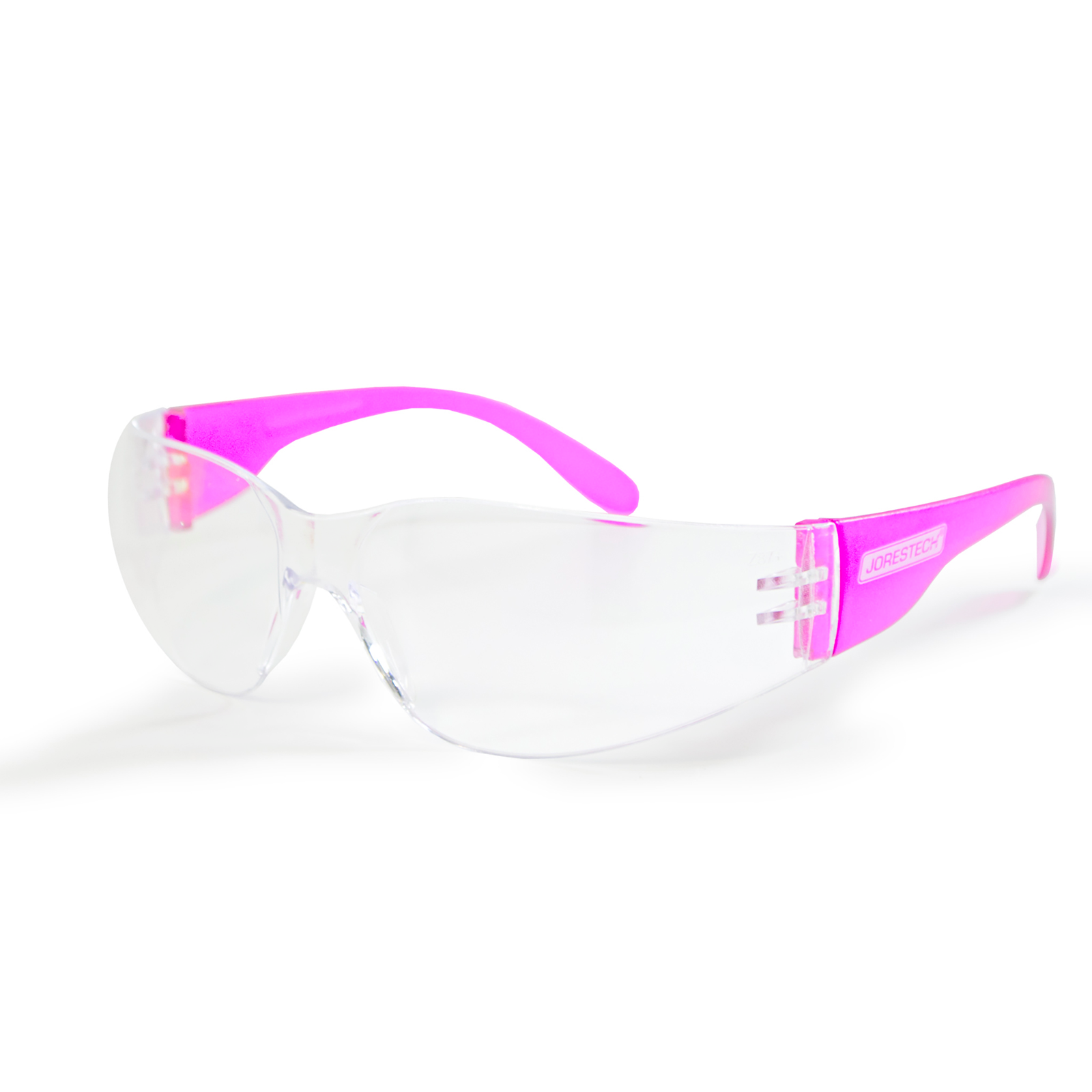 Clear safety glasses for high impact protection with colored pink temples