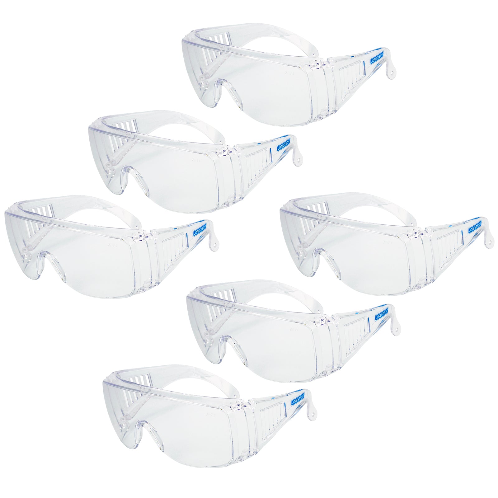 Pack of 6 clear Jorestech safety overglasses for high impact protection on a white background