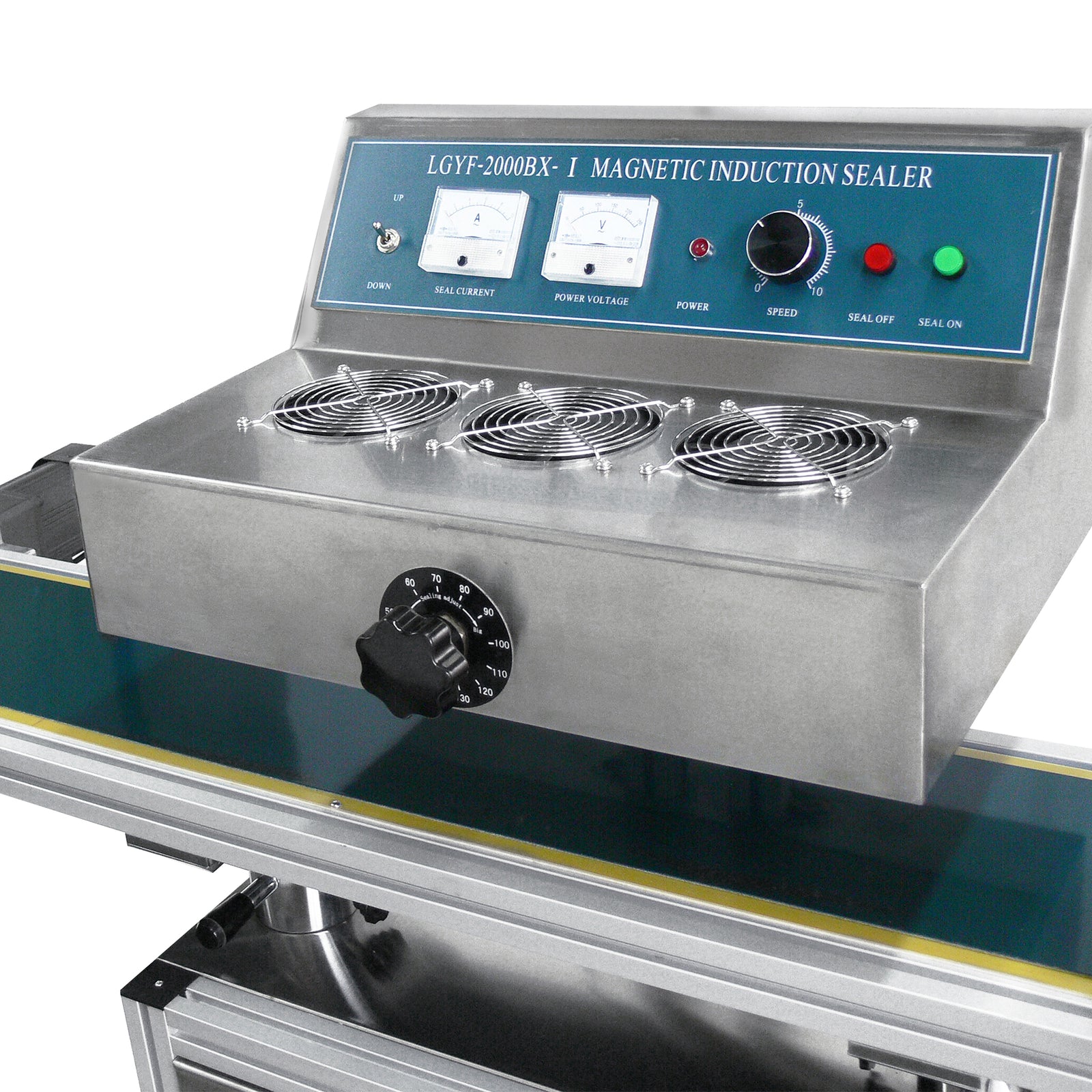 Control panel of the JORES TECHNOLOGIES® electromagnetic induction cap sealer with moving conveyor, and heating fans