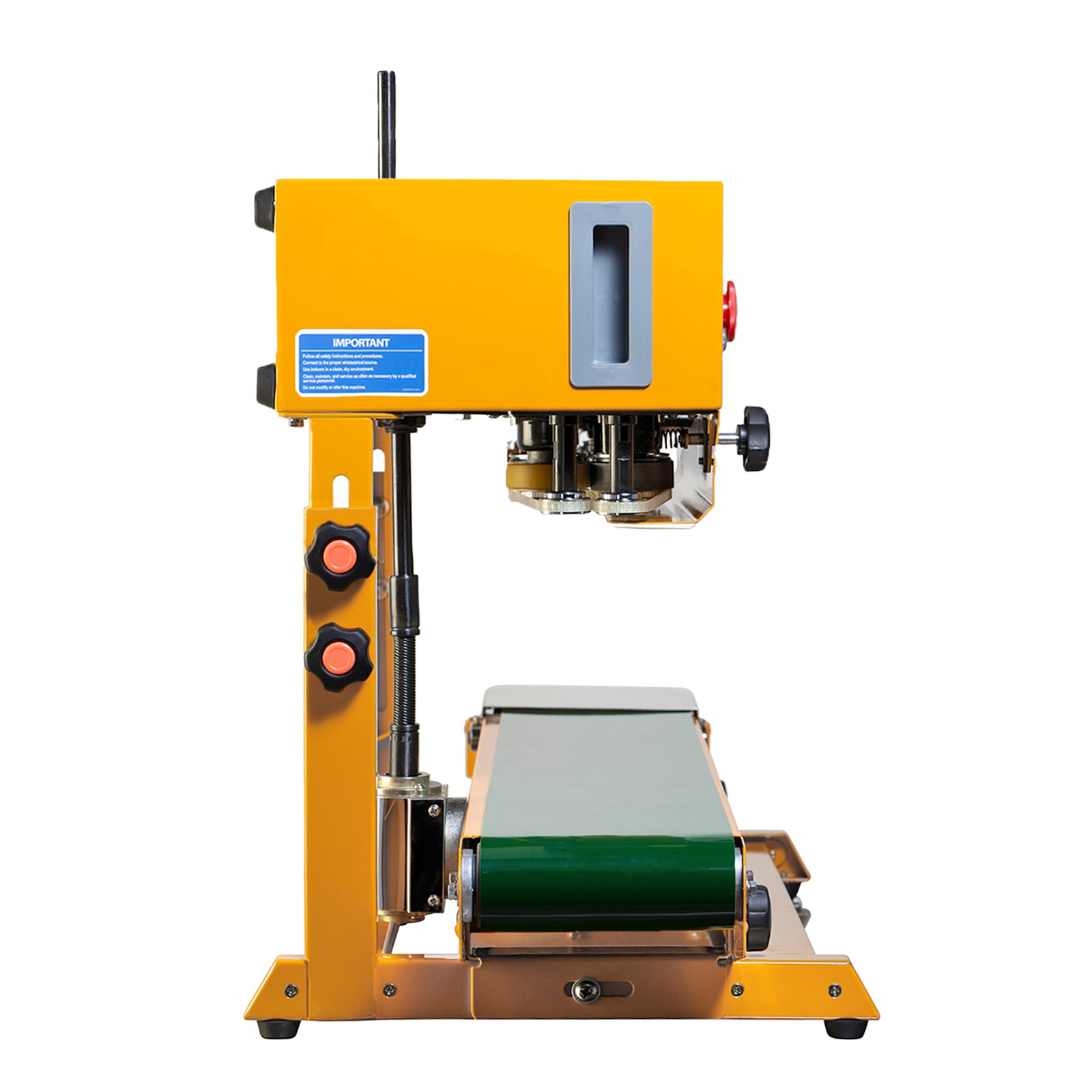 side view of the JORES TECHNOLOGIES® continuous band sealer with green conveyor belt and stainless steel base. Detail shows the exit track  and 2 knobs to adjust the height of the product being sealed
