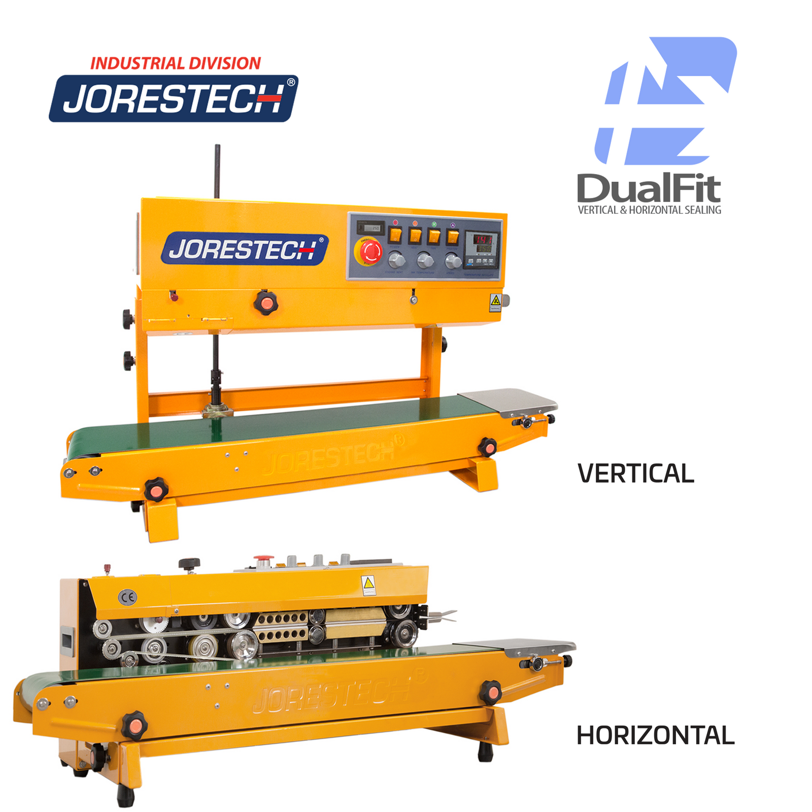 vertical and horizontal positioning of the continuous band sealer machine. Dual fit logo with 2 arrows beside the 2 details of the band sealers shows how this JORES TECHNOLOGIES® continuous band sealer can be used for vertical and for horizontal applications.