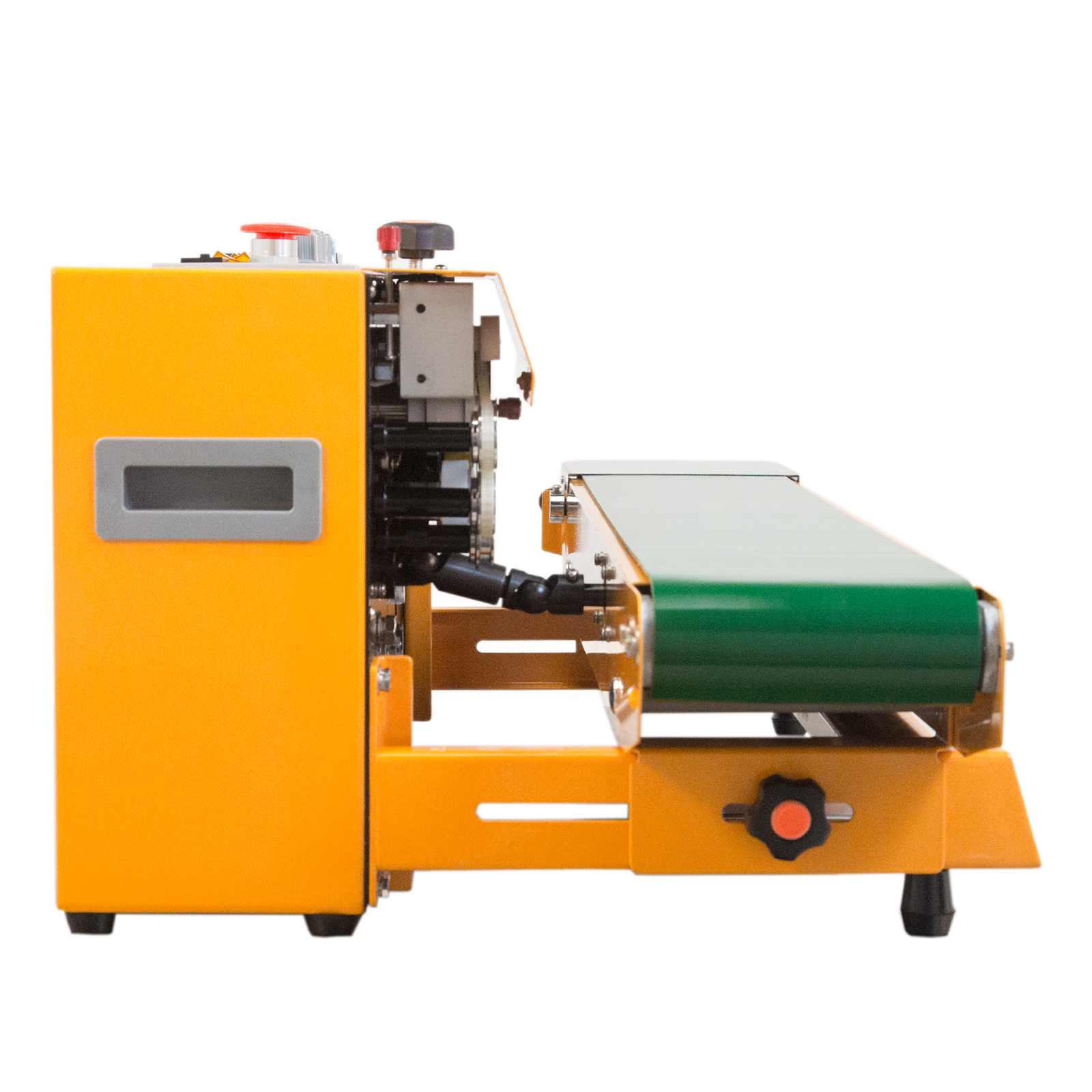 side view of yellow JORES TECHNOLOGIES® continuous band sealer in an horizontal position