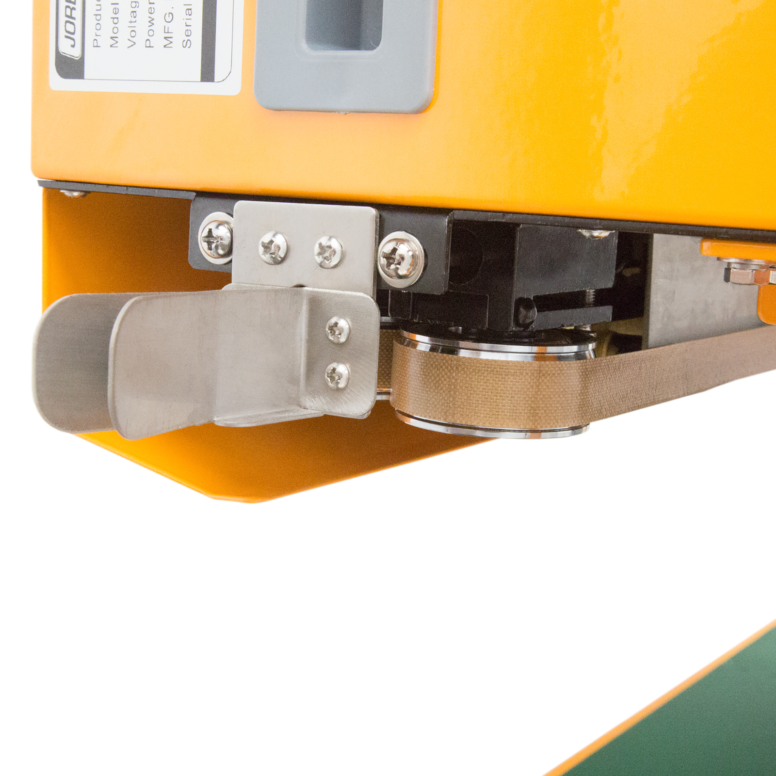 Closeup shows the heating element and the entry track of the JORES TECHNOLOGIES® continuous band bag sealer.