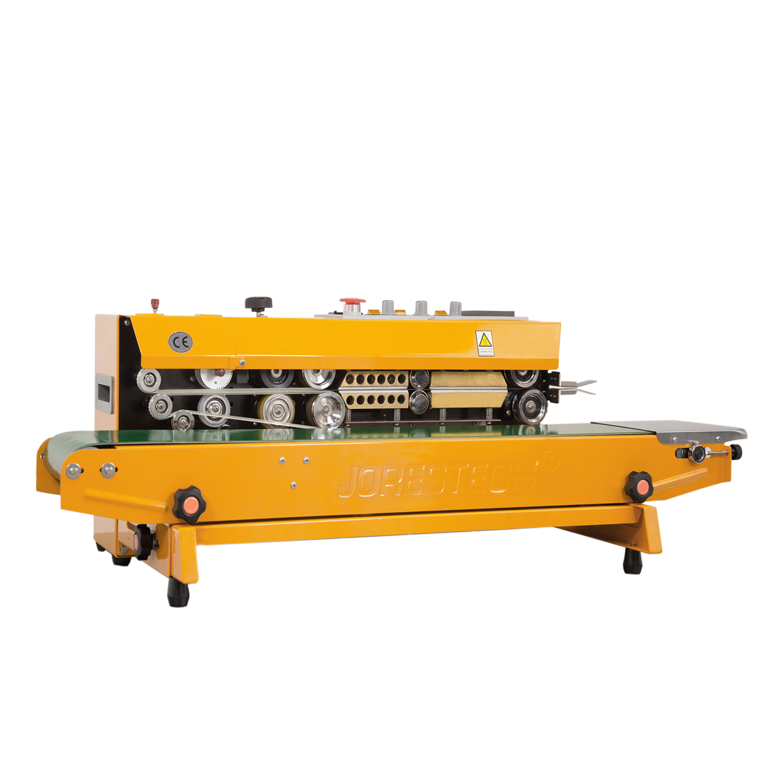 Front view of the JORES TECHNOLOGIES® horizontal and vertical continuous band sealer. The bag sealer is yellow.