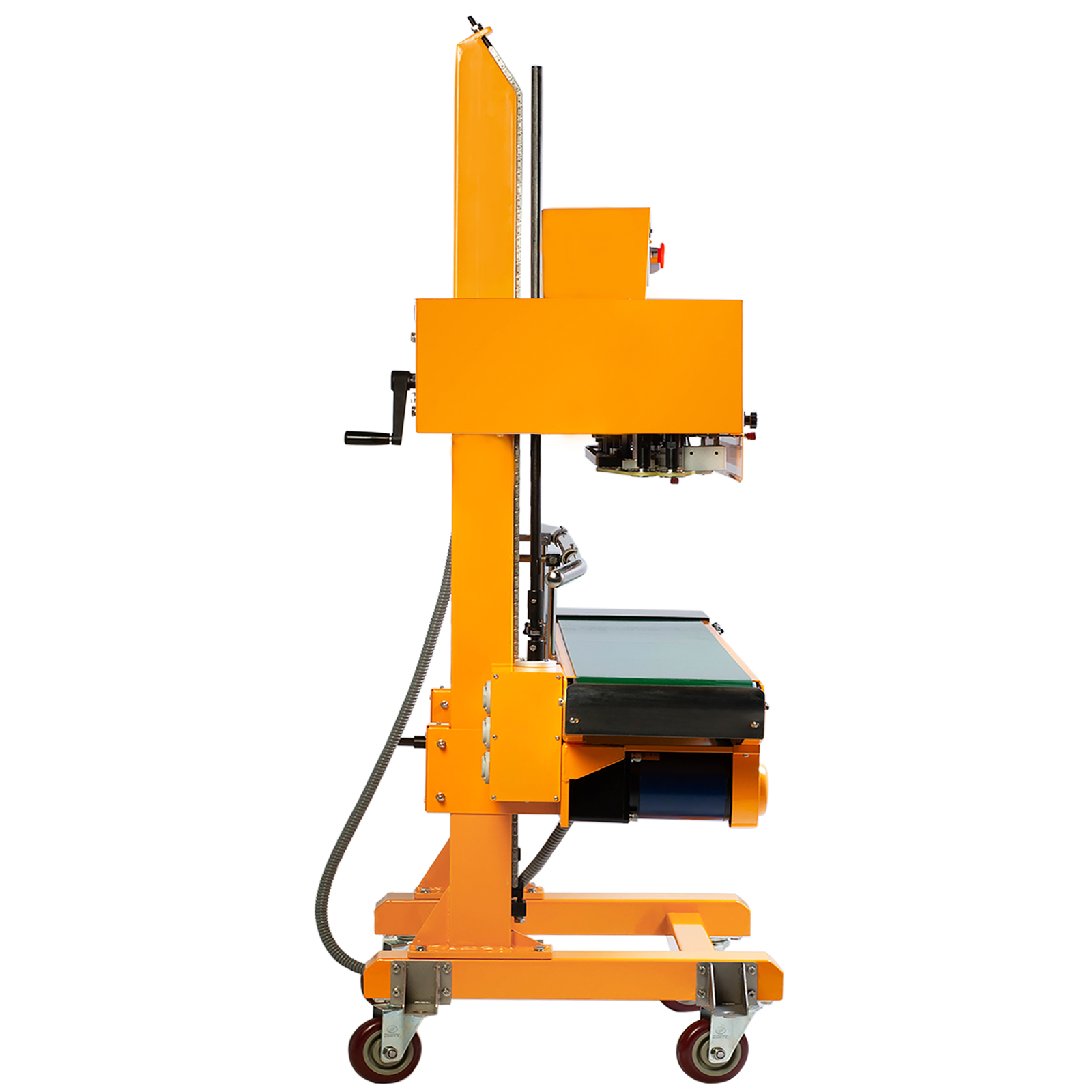 Side view of the yellow JORES TECHNOLOGIES® continuous band sealer with green revolving band, coder and heavy duty wheels