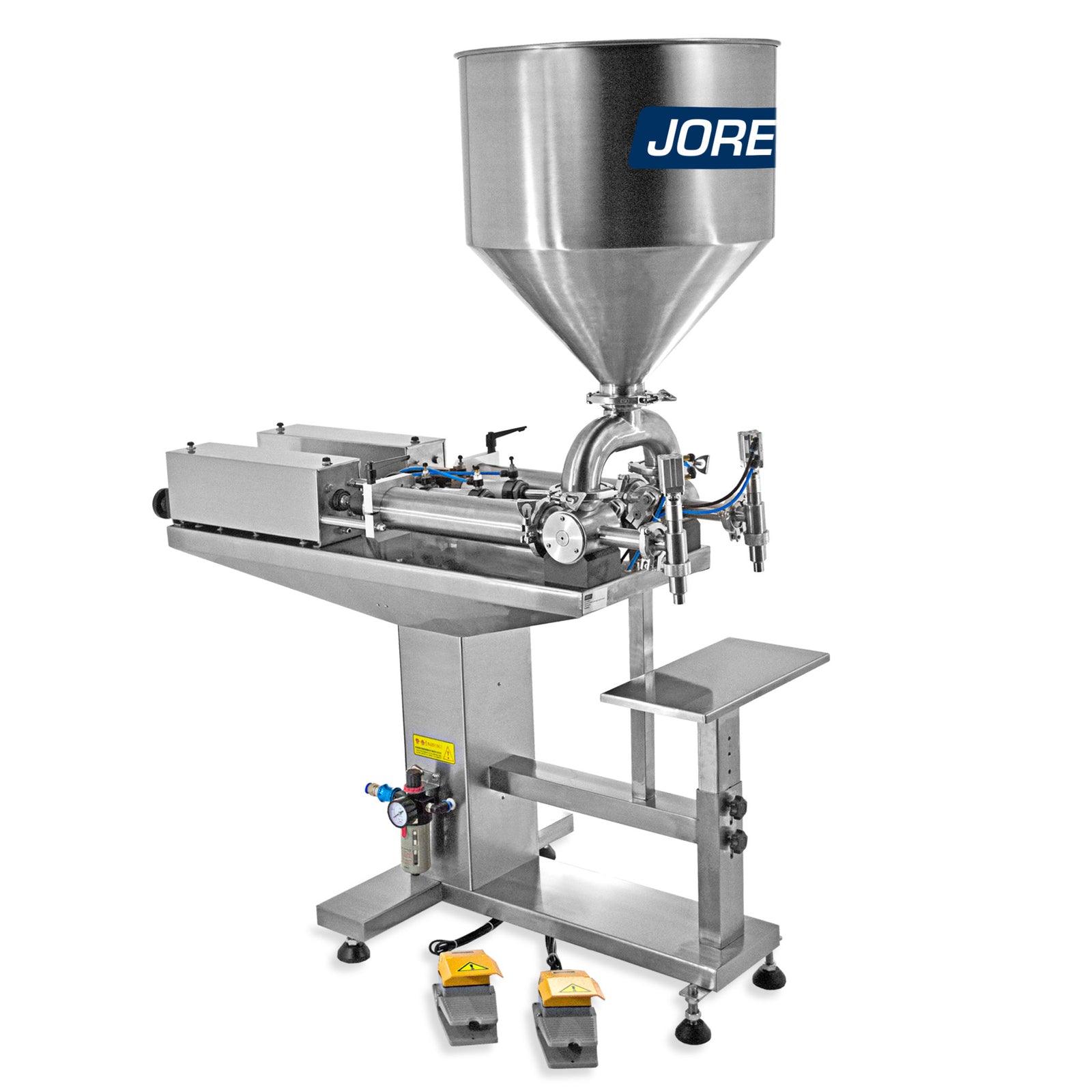 Dual head high viscosity piston filler by JORES TECHNOLOGIES®. Shows a hopper of high capacity and its dual liquid and paste filling system and its compressed air regulator.