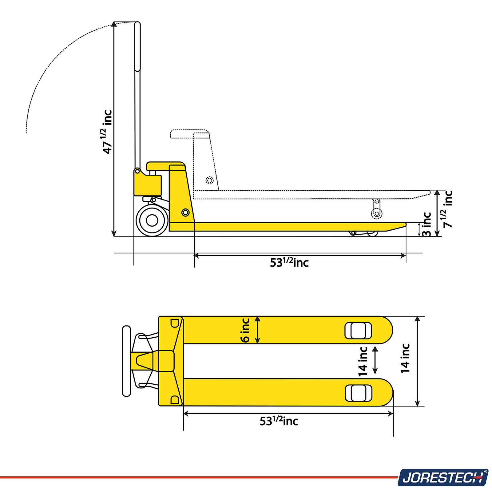 Diagram showing the dimensions of the JORES TECHNOLOGIES® Pallet Jack for 5500 pounds
