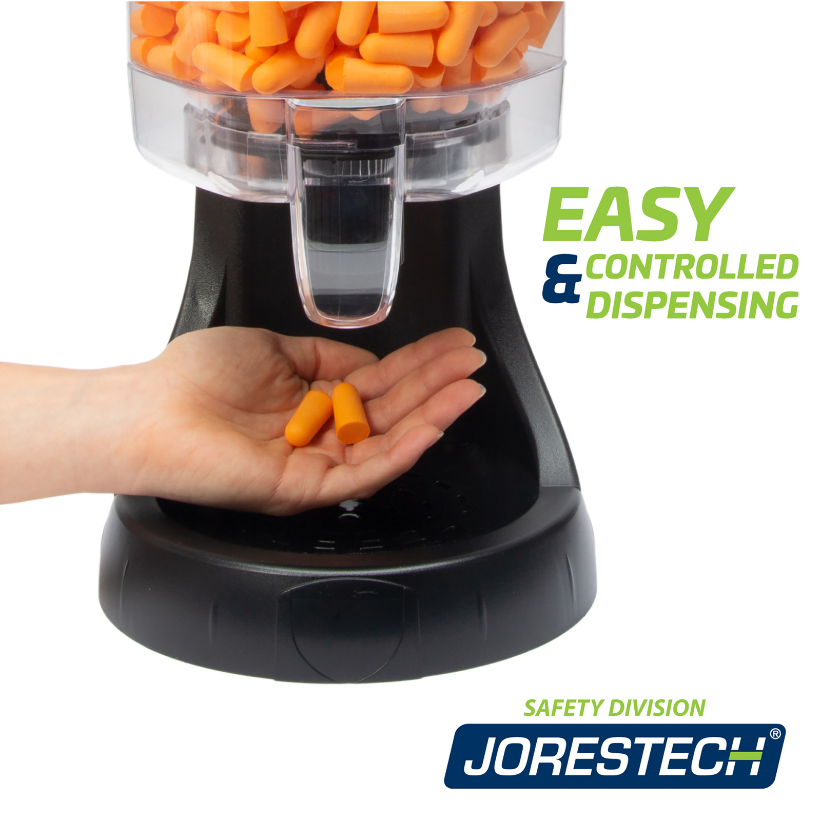 Close up view show the hand of a person places under the JORESTECH ear plug dispensen while he/she is collecting a couple of ear plugs. Text reads: Easy & controlled dispensing. JORESTECH safety division.