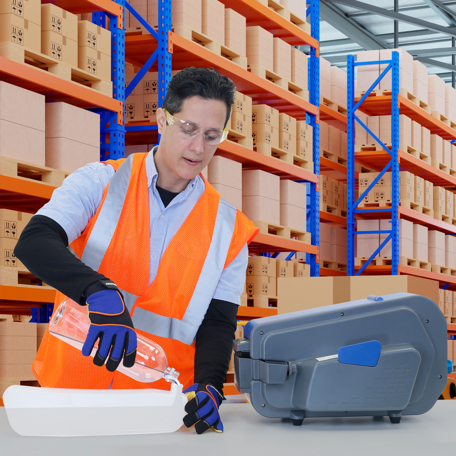 A worker wearing a hi vis safety vest filling the plastic water container of the JORES TECHNOLOGIES® electric gummed tape dispenser. The action takes place in a warehouse full on bins with taped card boxes 