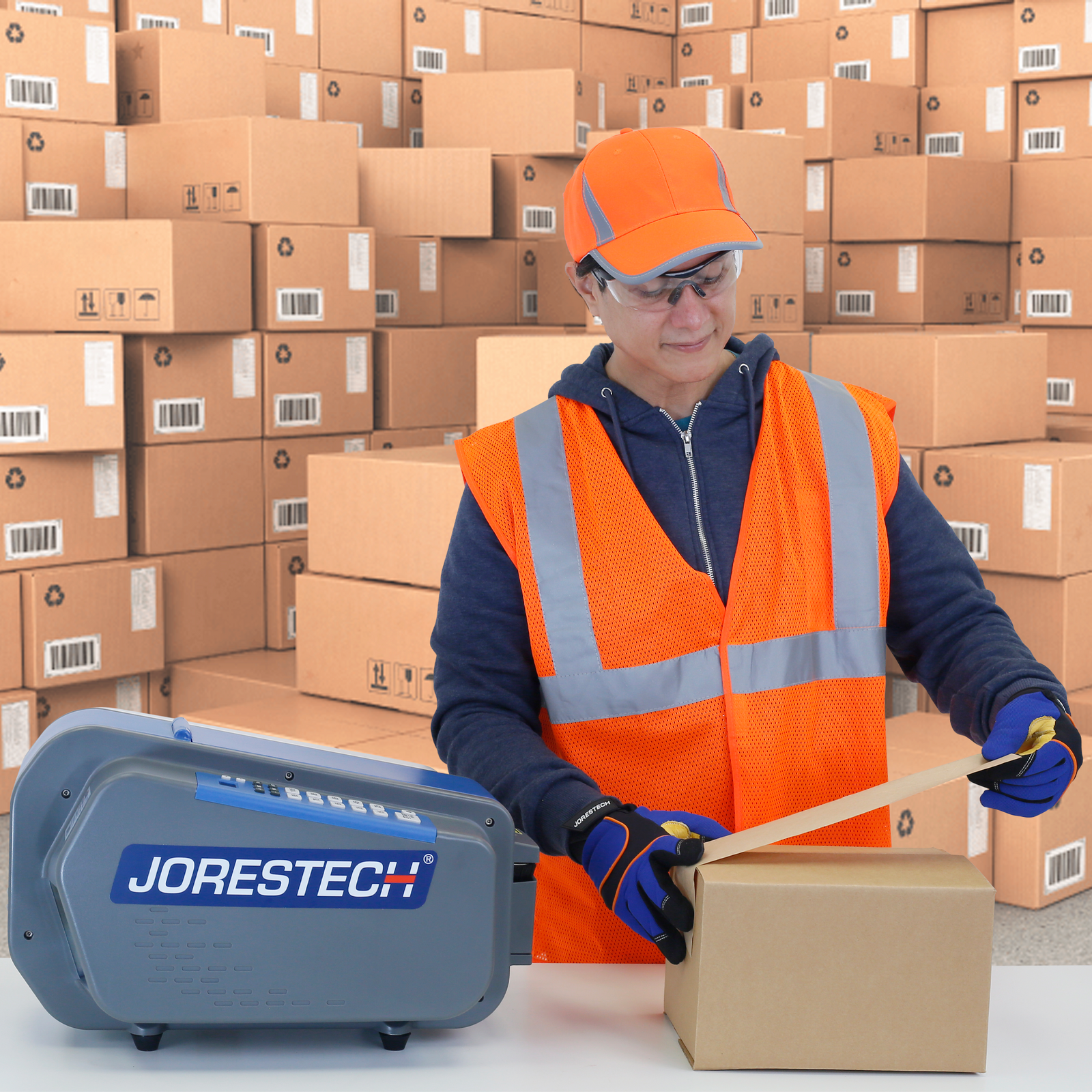A worker closing boxes using the JORES TECHNOLOGIES® gummed paper tape dispenser. The table top tape dispenser is on top of a working table together with the box being closed. The background is full of brown carton boxes closed with gummed tape