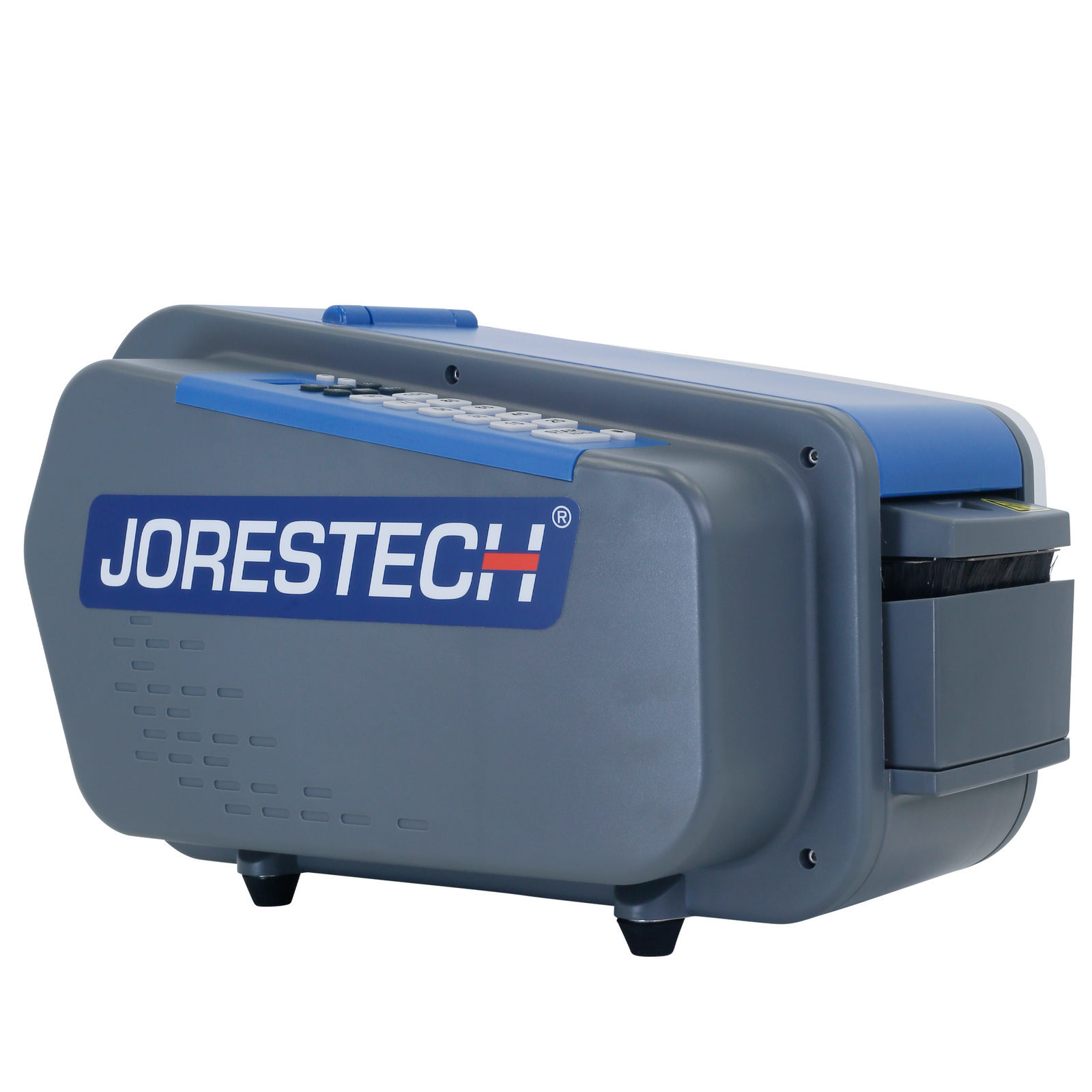 Electric  gummed kraft paper tape dispenser by JORES TECHNOLOGIES®.  Features part of the control panel and the exit  end for the tape.