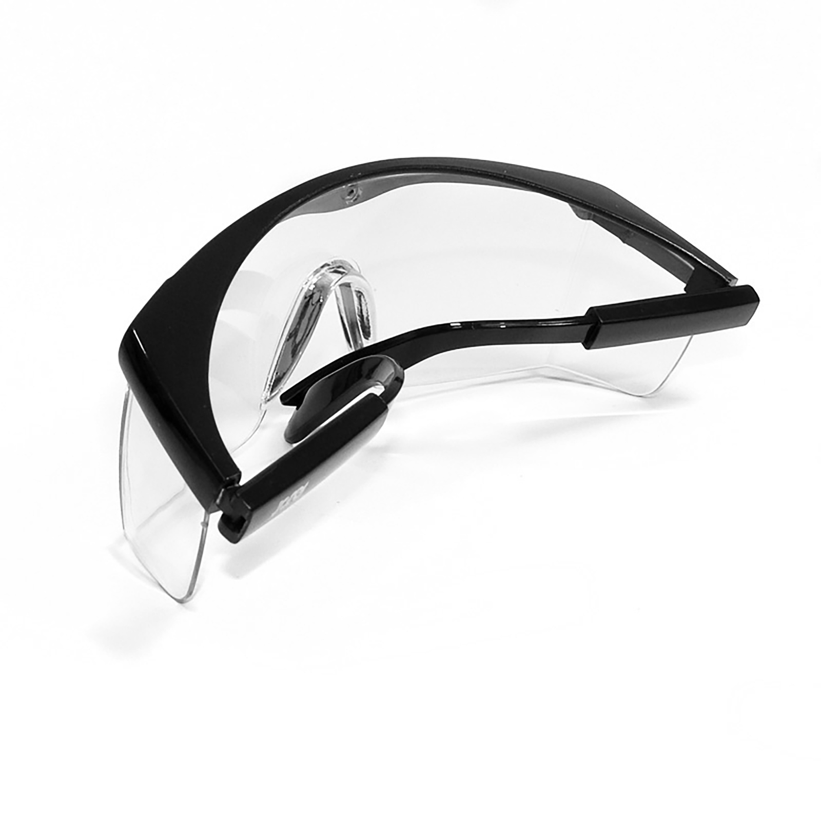 back folded view of the black framed rectangular polycarbonate safety clear glasses with side shields for high impact protection with adjustable temple legs