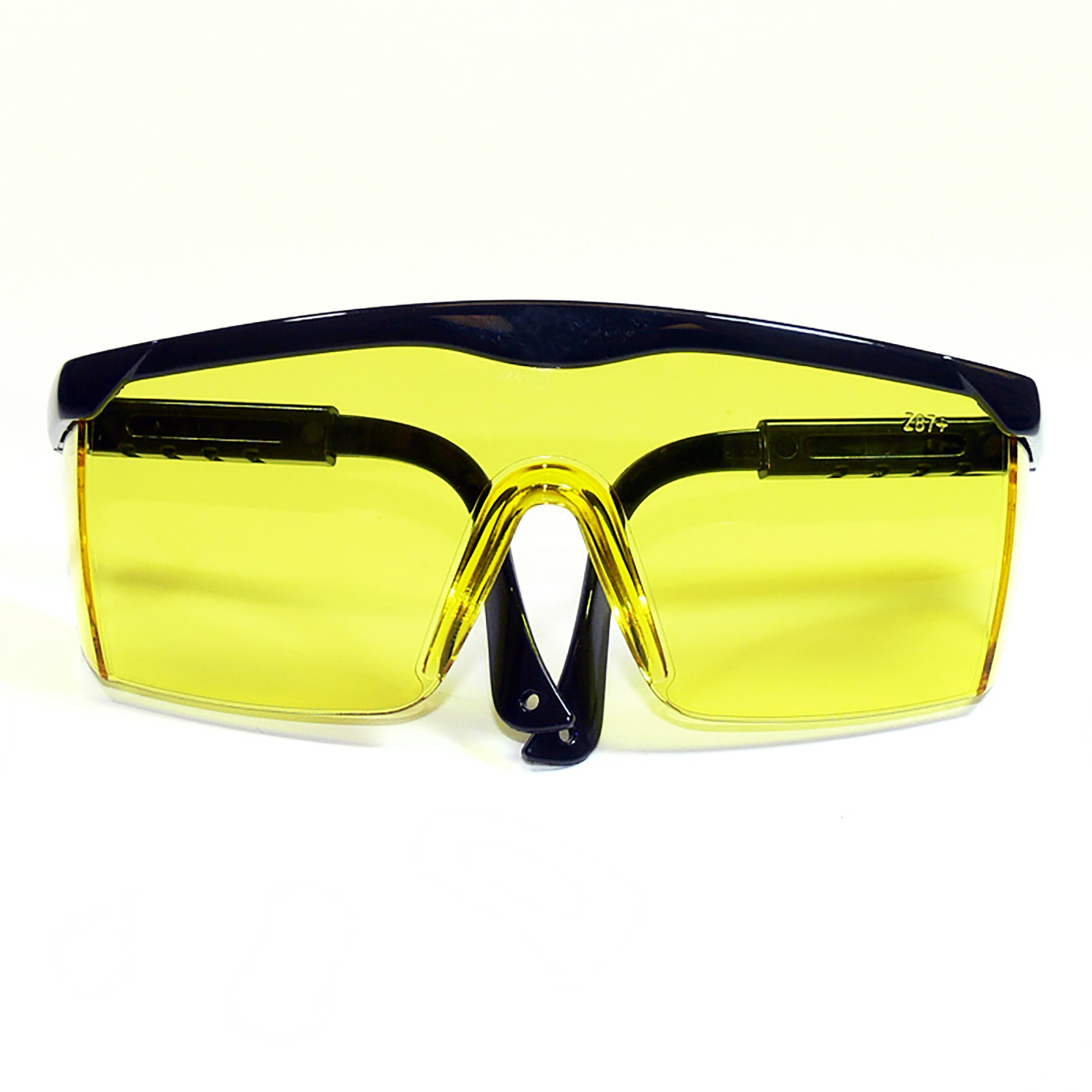 frontal view of the black framed rectangular safety yellow glasses with side shields for high impact protection with adjustable temple legs