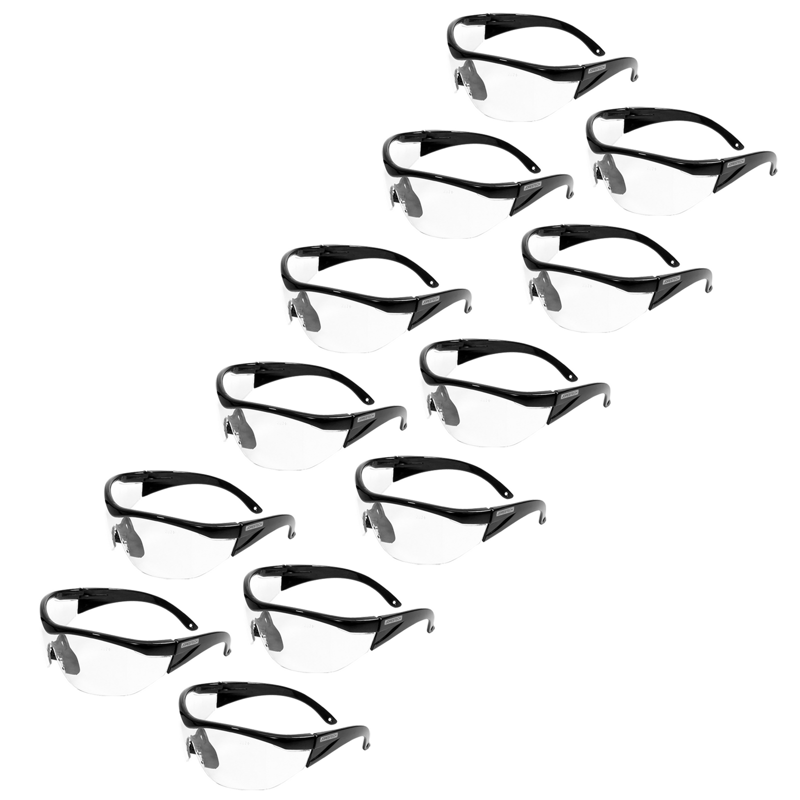 Pack of 12 modern design framed JORESTECH safety clear glasses with side shields for high impact protection. There is a embedder mark of the polycarbonate glass that reads Z87+ which is the ANSI standard