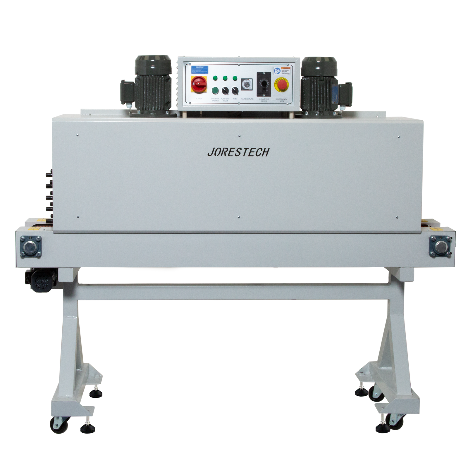 JORESTECH Full bottle heat sleeve wrapping tunnel machine shown in a frontal view over white background. 