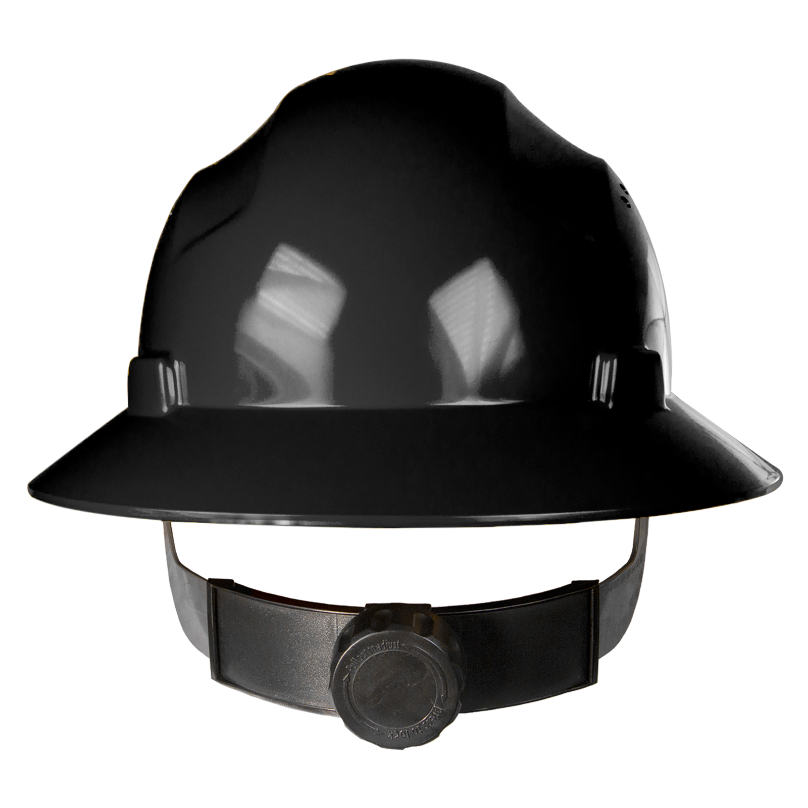 Full brim black safety hard hat with 4 point suspension and black ratchet