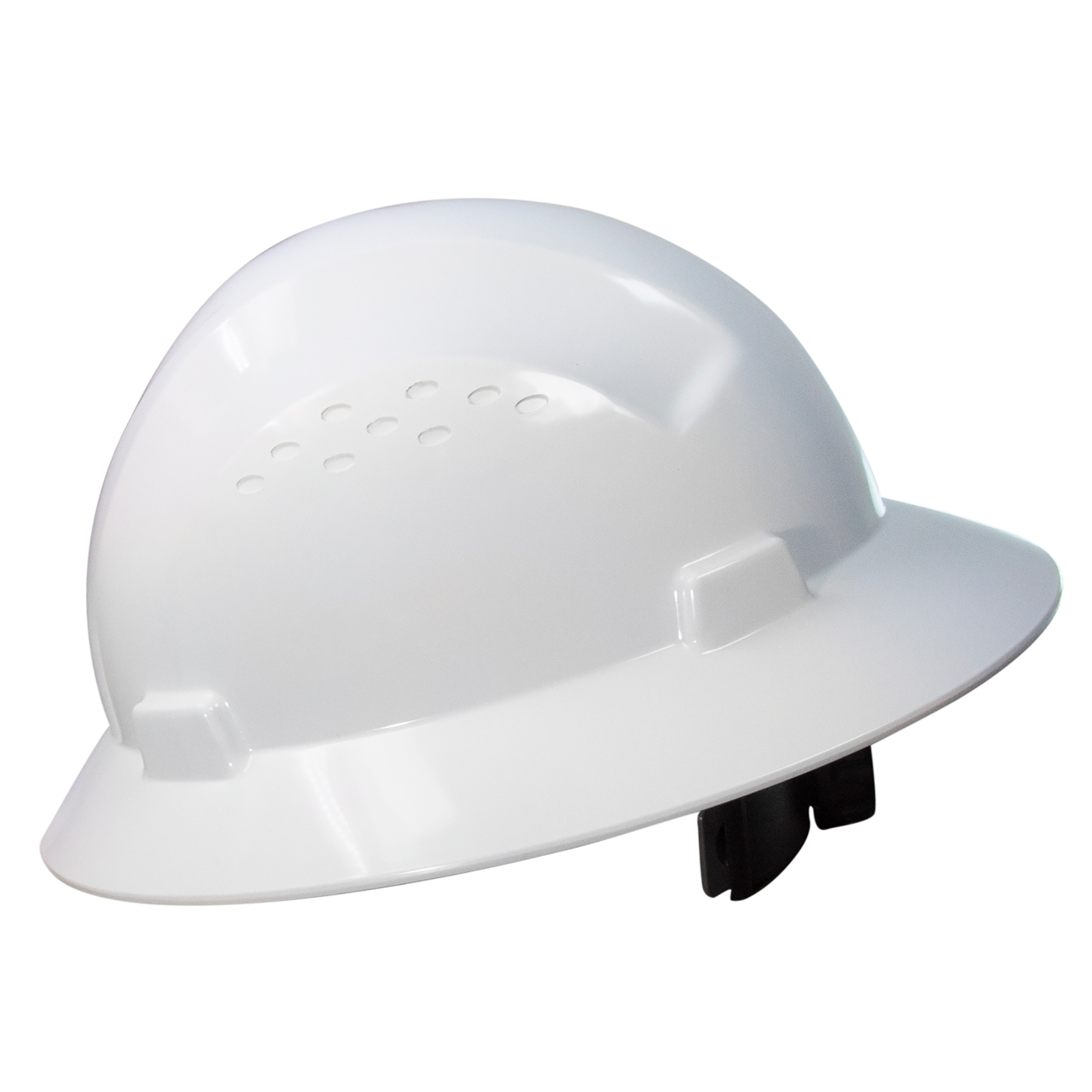 A JORESTECH full brim white safety hard hat with 4 point suspension Type I Class C, E, G