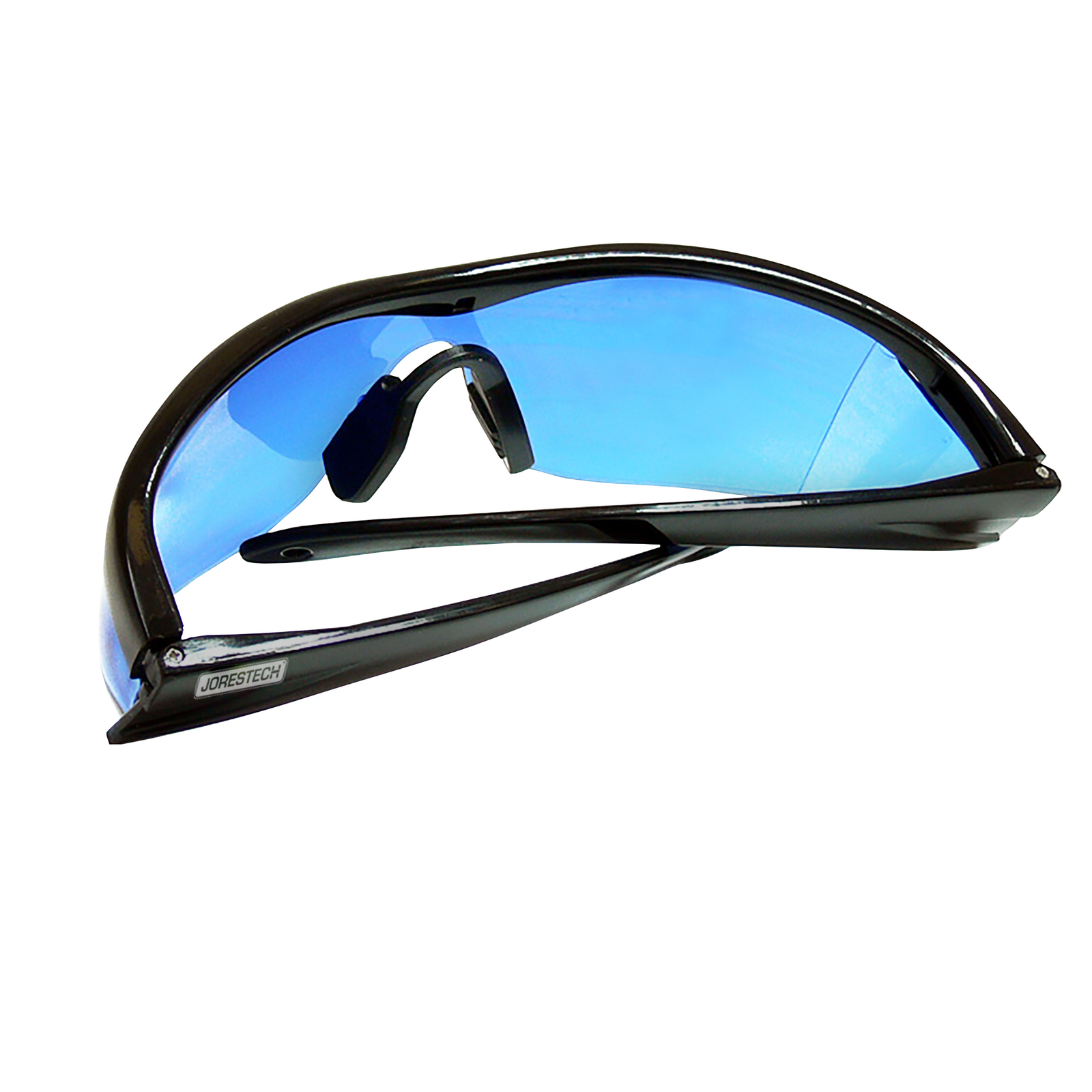 Back view of a modern design framed JORESTECH safety blue glasses with side shields for high impact protection with the temples folded over white background