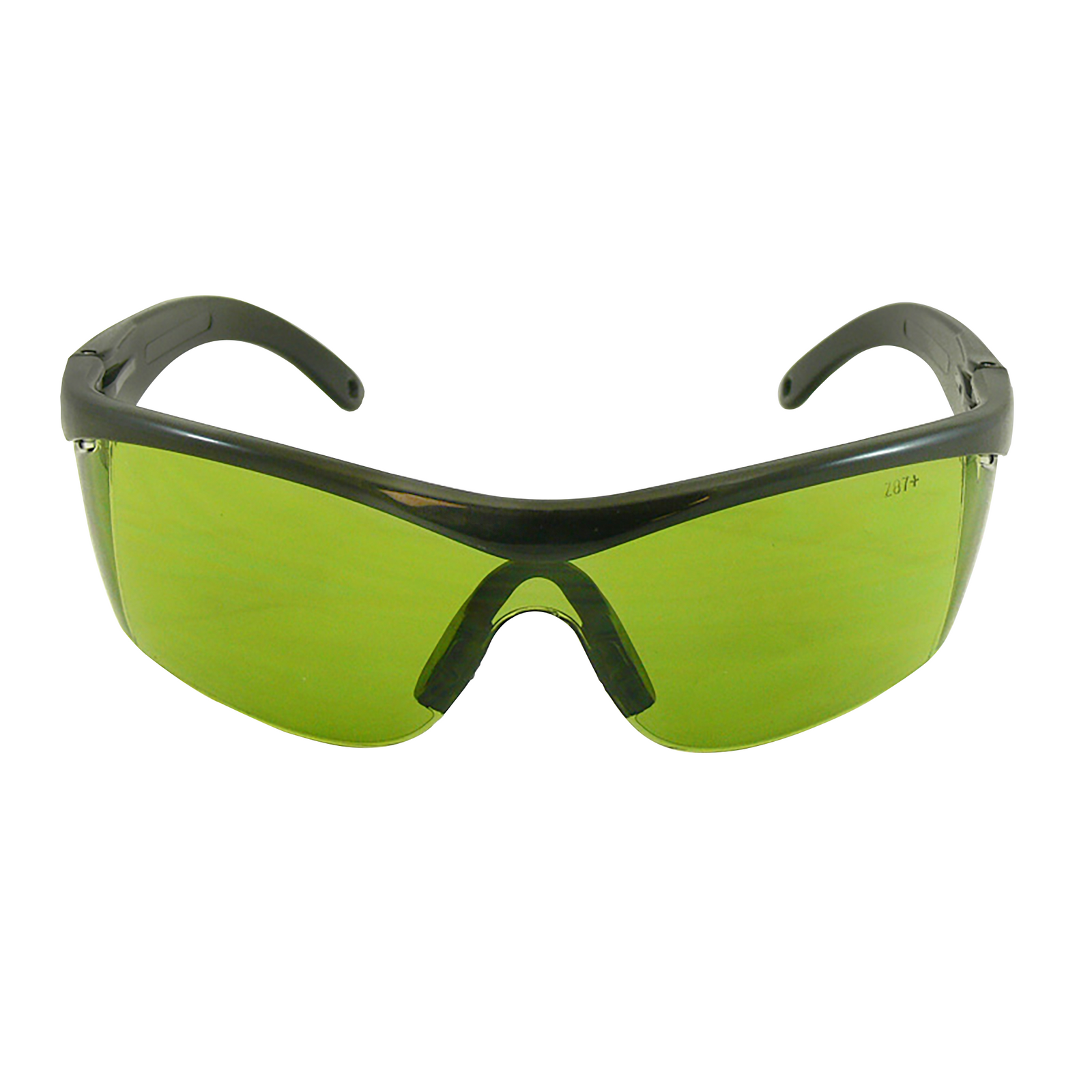 Front view of a modern design framed JORESTECH safety green glasses with side shields for high impact protection. There is an embedded mark on the lens that reads Z87+