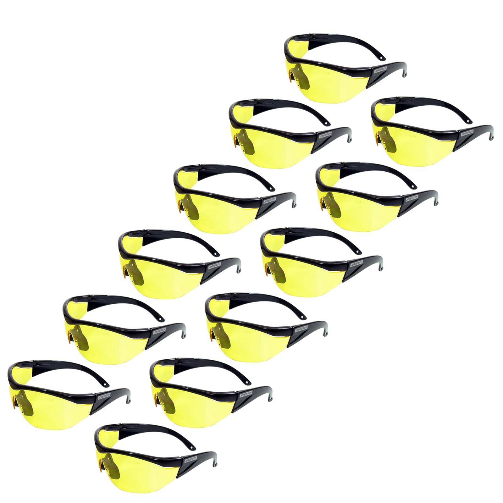 12 modern design framed JORESTECH safety yellow glasses with side shields for high impact protection. There is a embedder mark of the polycarbonate glass that reads Z87+ which is the ANSI standard