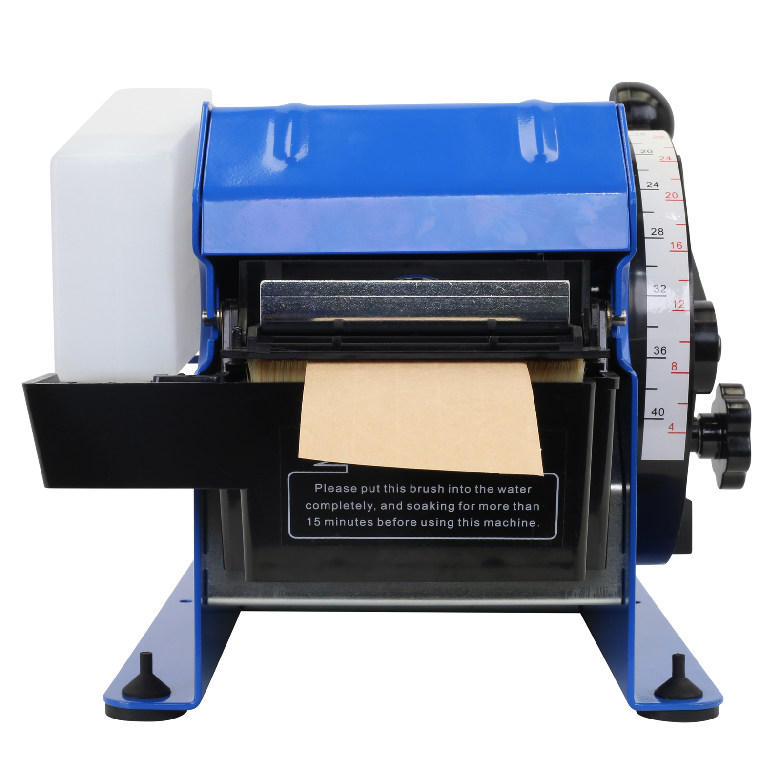 Close up of the JORES TECHNOLOGIES® gummed tape dispensed showing the white water container on the left, the exit of the kraft paper tape in the middle and the wheel to set the size of the tape on the right side of the machine