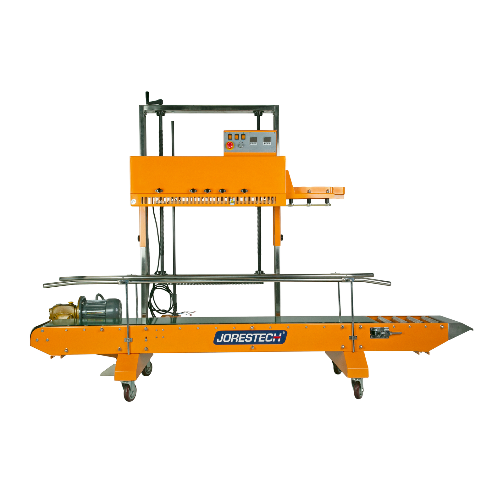 Yellow heavy duty vertical continuous band sealer for sealing large and heavy heat sealable bags