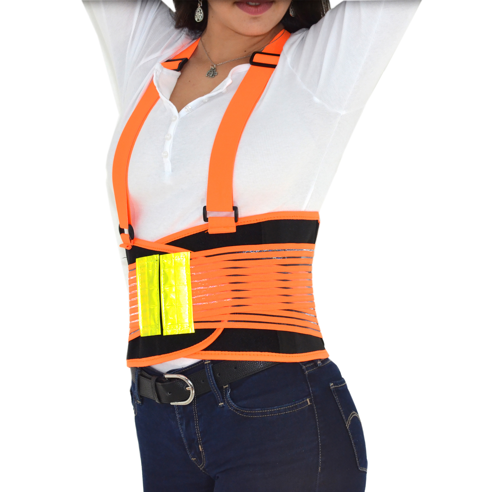 Diagonal view of a lady wearing the Orange and reflective JORESTECH heavy duty back support belt with suspenders