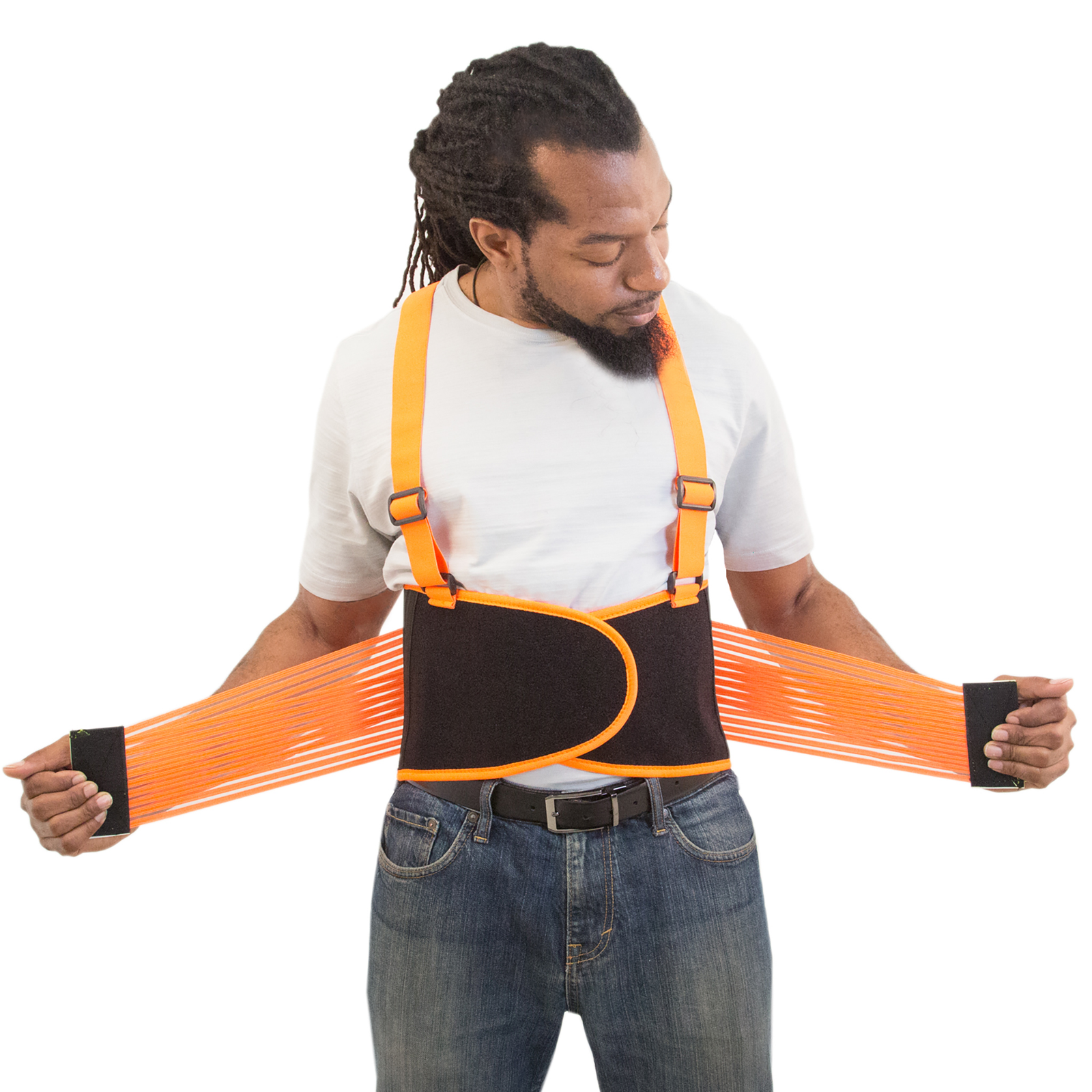 A man putting on the back support belt with elastic waits straps. He is stretching the elastic straps to close them in front of his stomach with a hook and loop system