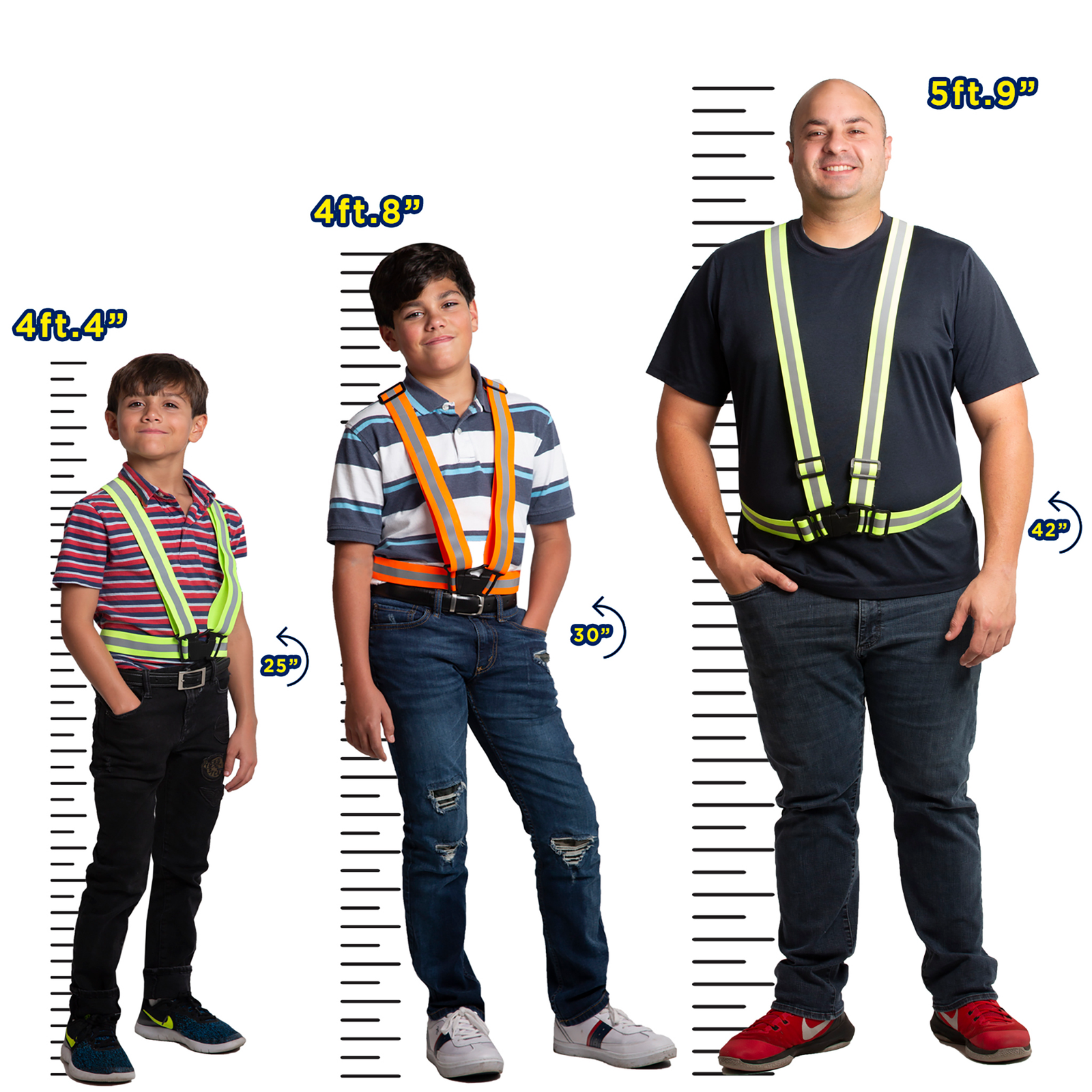 Features how size adaptable this suspendes can be by showing a man a young boy and a kid wearing the same reflective safety suspender. 